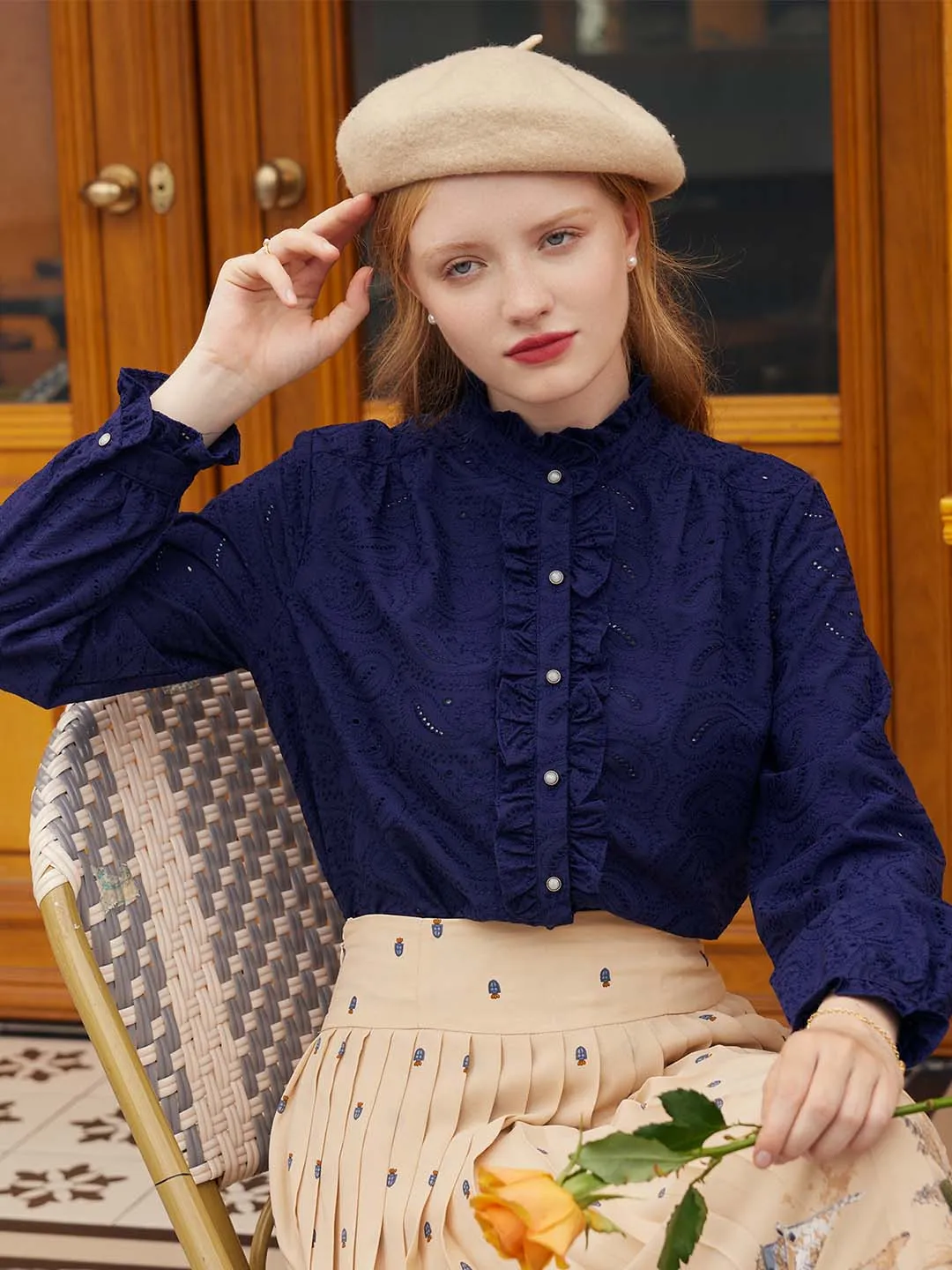 【Final Sale】Victoria Ruffle Mandarin Navy Blue Shirt