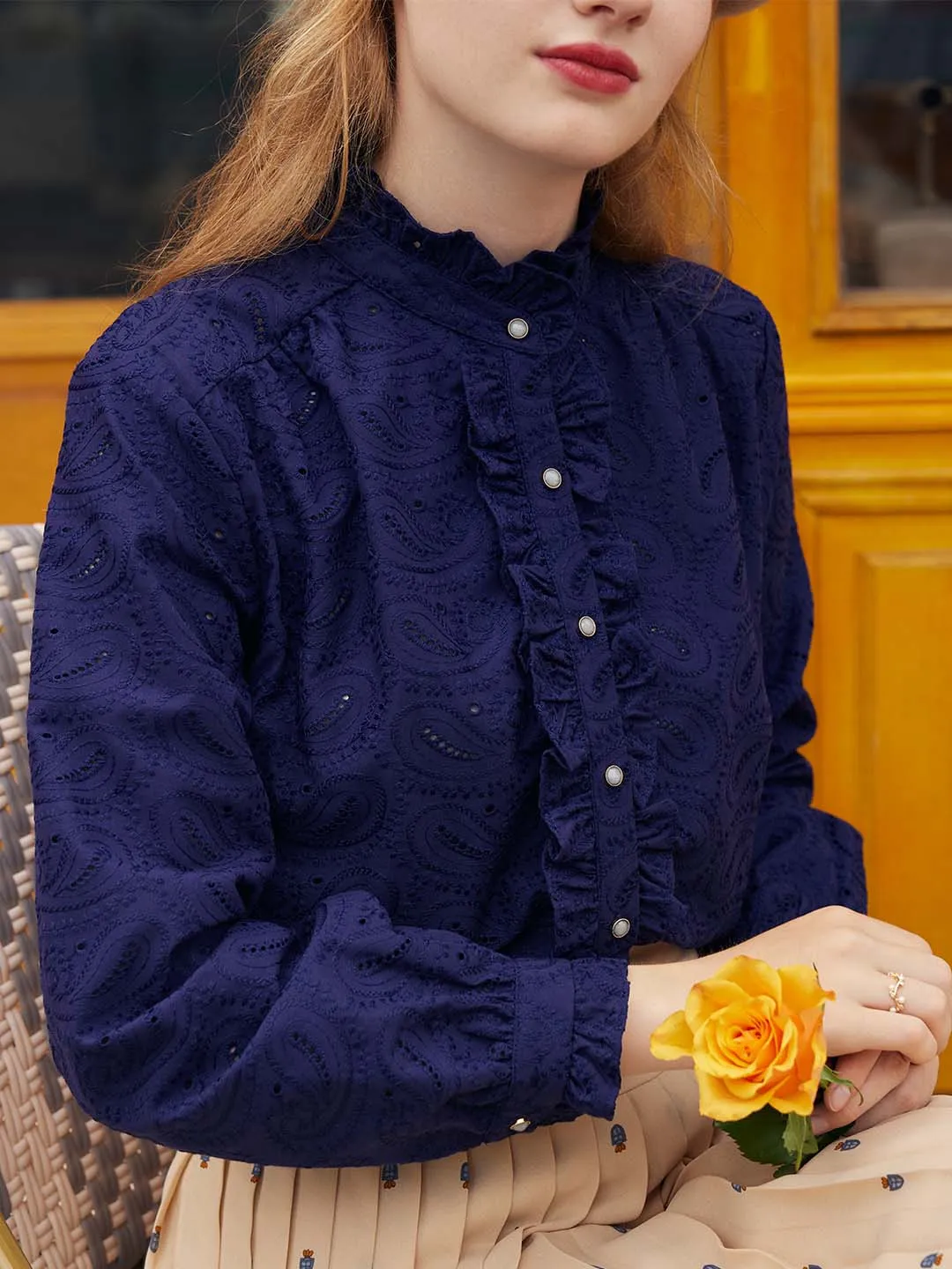 【Final Sale】Victoria Ruffle Mandarin Navy Blue Shirt