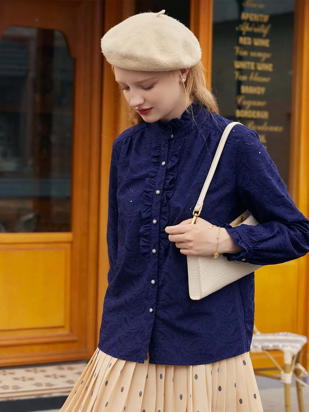 【Final Sale】Victoria Ruffle Mandarin Navy Blue Shirt