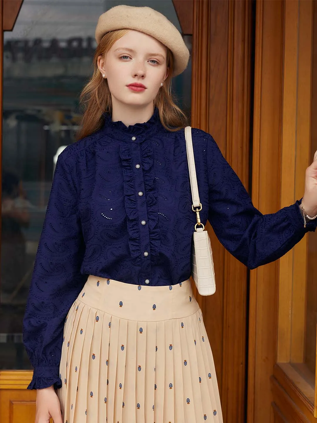 【Final Sale】Victoria Ruffle Mandarin Navy Blue Shirt