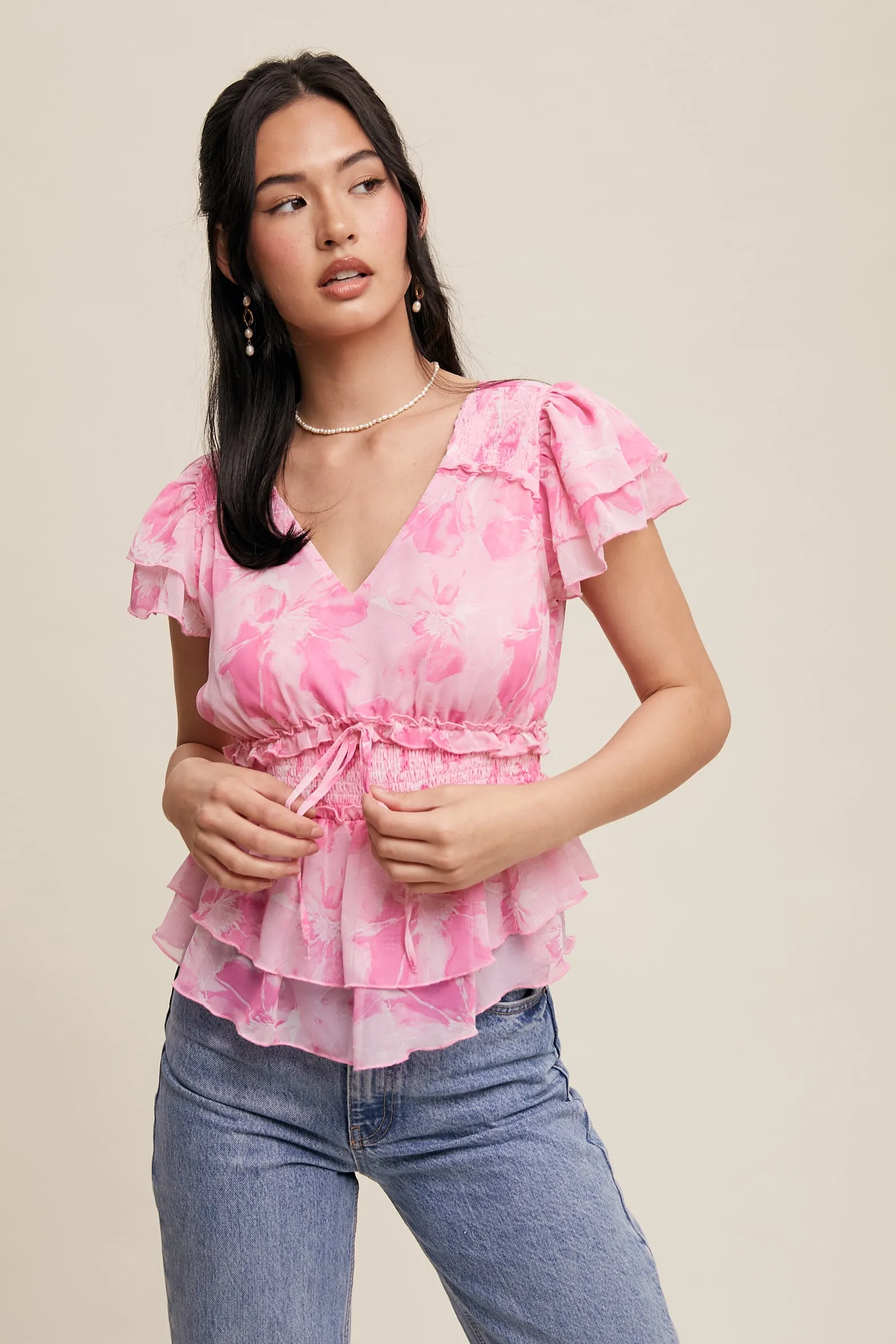 Floral Print V-neck Ruffled Blouse Top