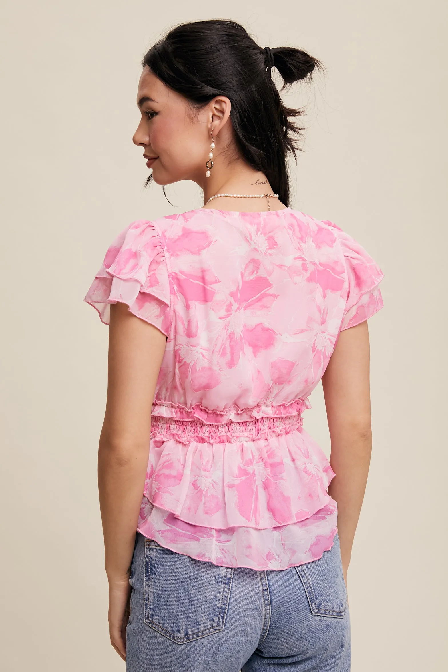 Floral Print V-neck Ruffled Blouse Top