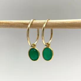 Gemstone earrings with green onyx oval crystal drops on gold small hoops