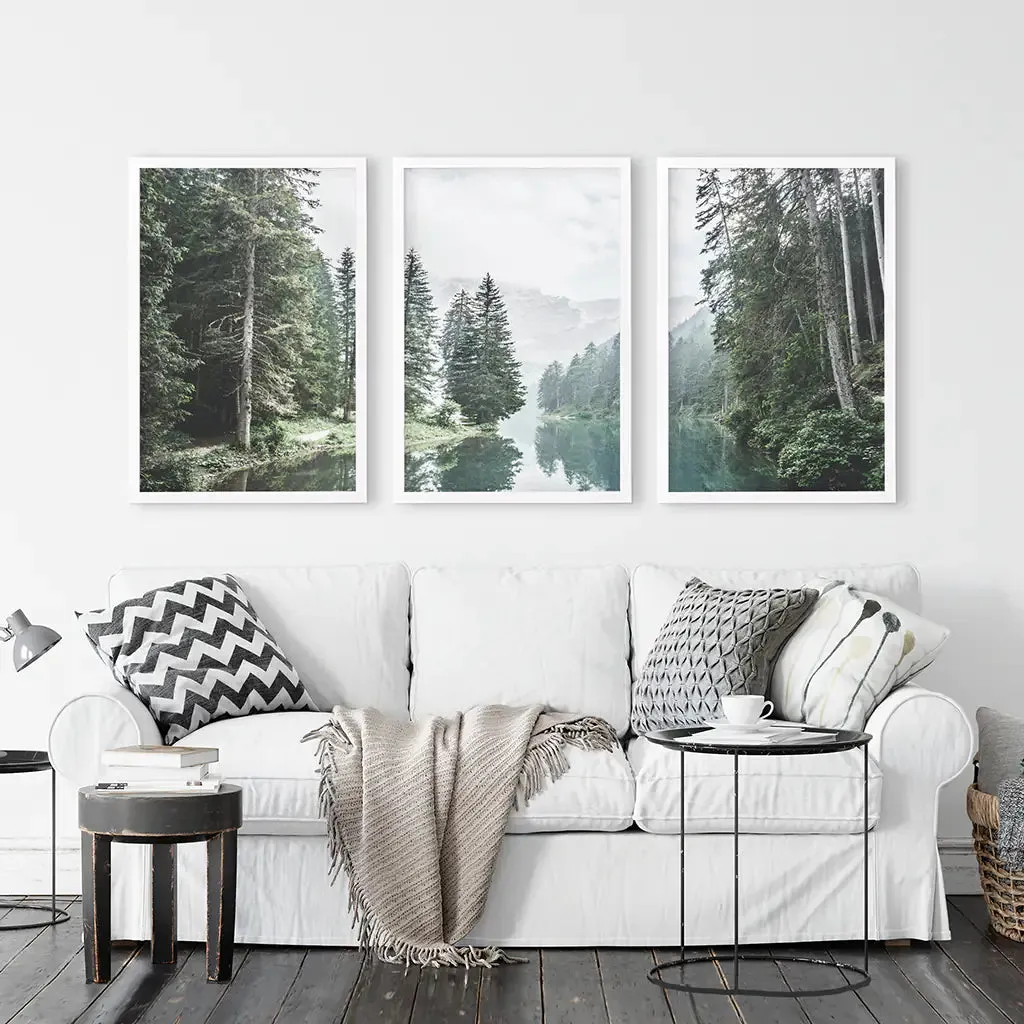 Green Forest River with Trees and Mountain. 3 Piece Wall Art