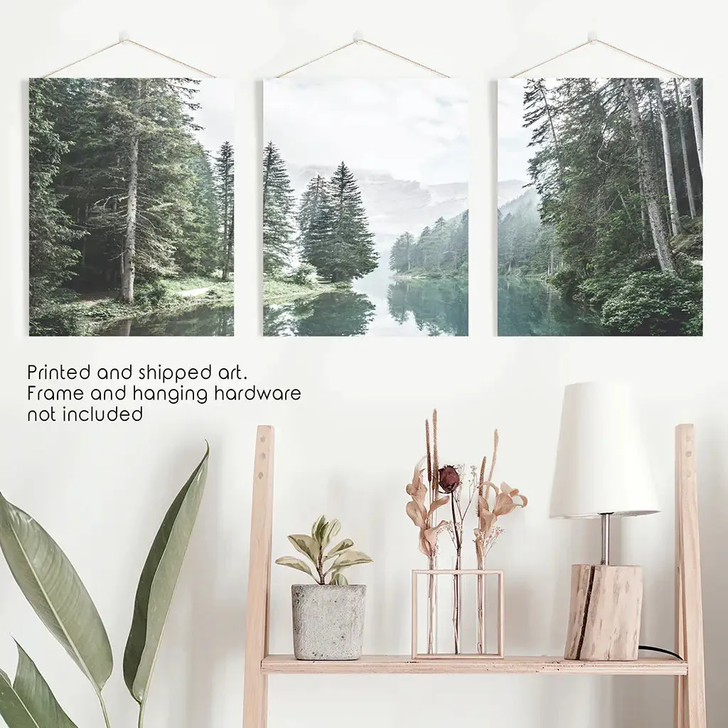 Green Forest River with Trees and Mountain. 3 Piece Wall Art