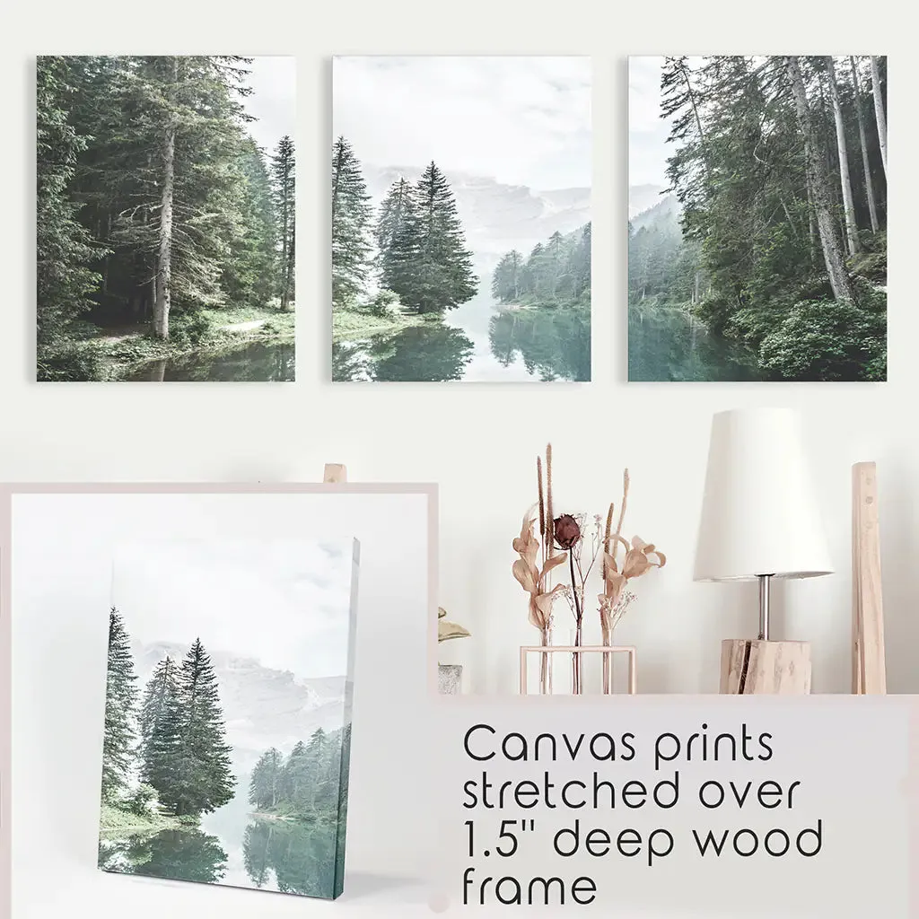 Green Forest River with Trees and Mountain. 3 Piece Wall Art