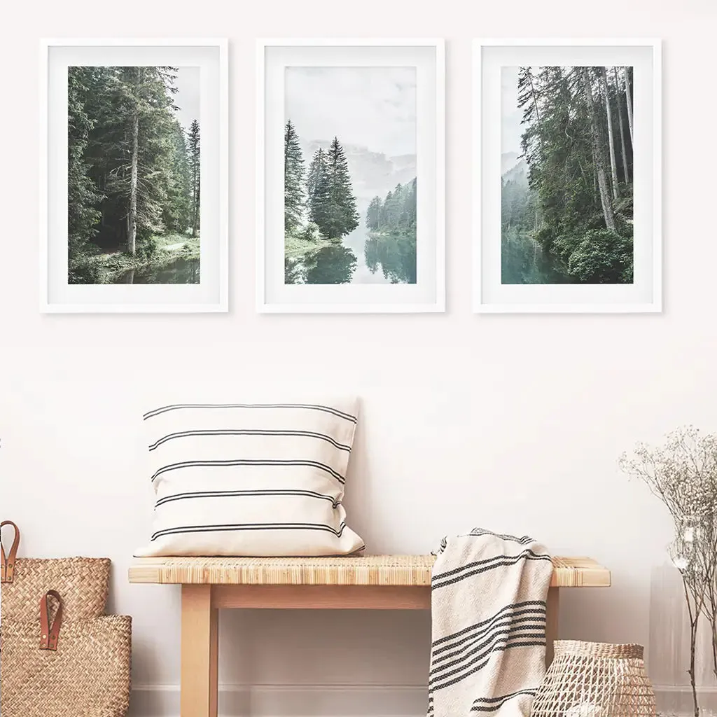 Green Forest River with Trees and Mountain. 3 Piece Wall Art