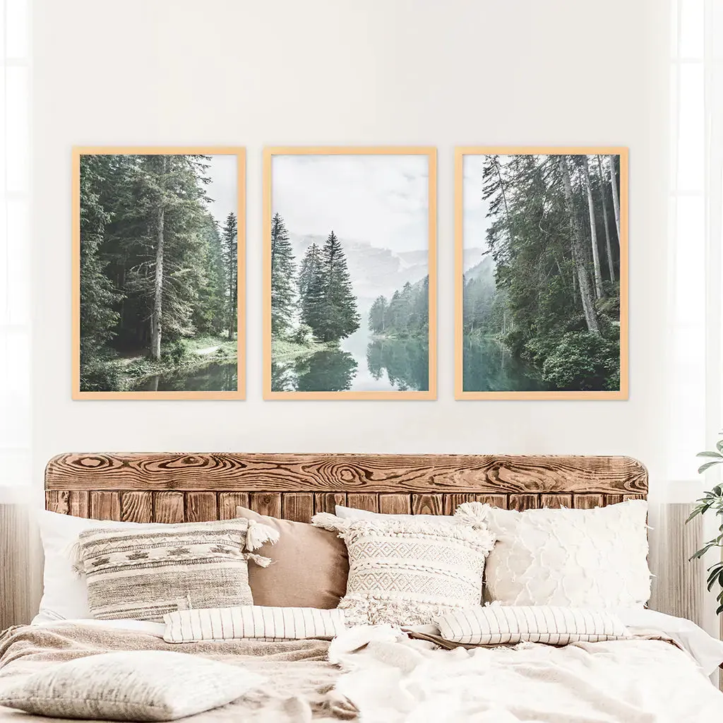 Green Forest River with Trees and Mountain. 3 Piece Wall Art