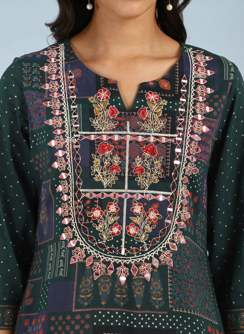 Green Printed Embroidered Kurta with Embellished Front Yoke