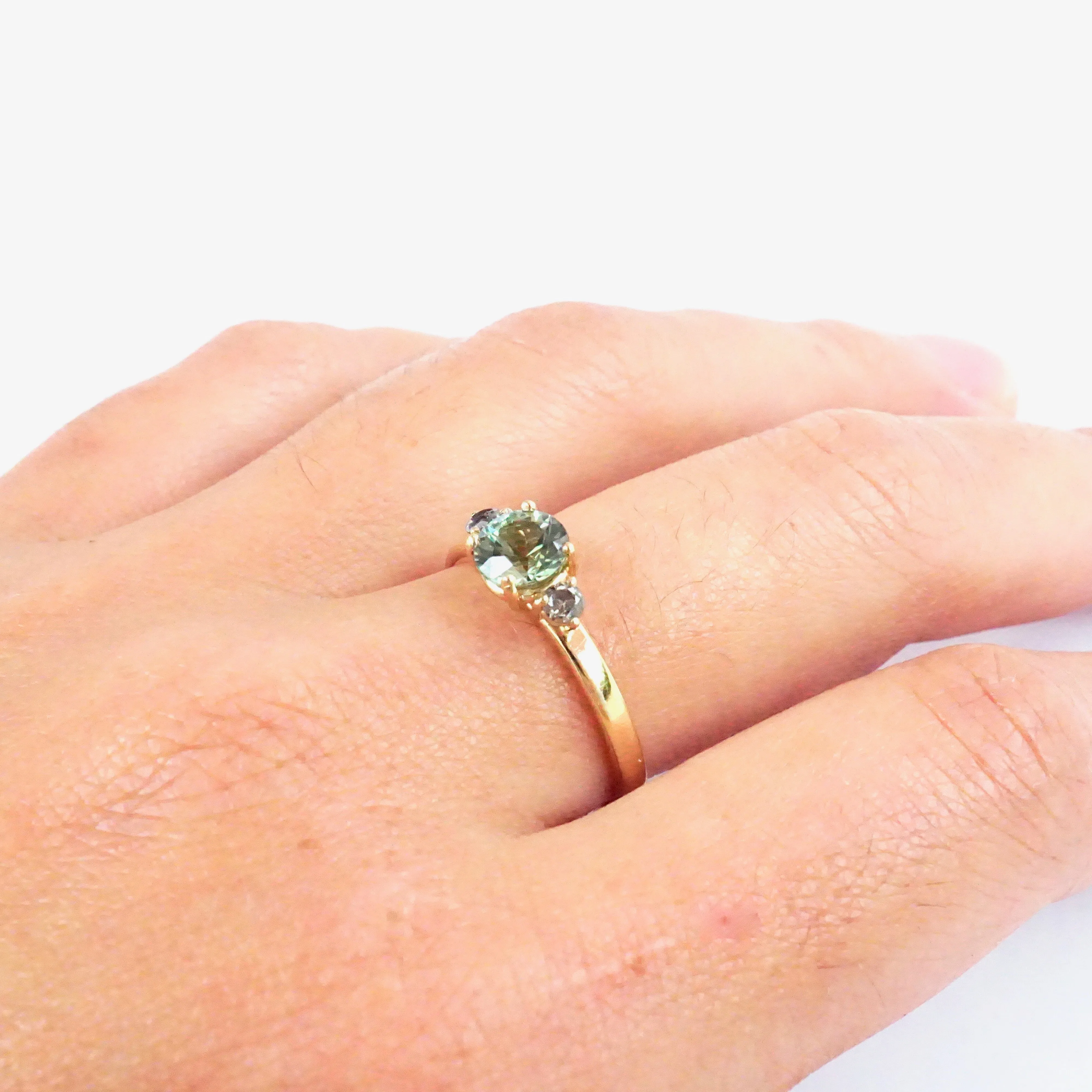 Green Sapphire and Diamond Ring - Three Stone Ring - Round Green Sapphire Ring -