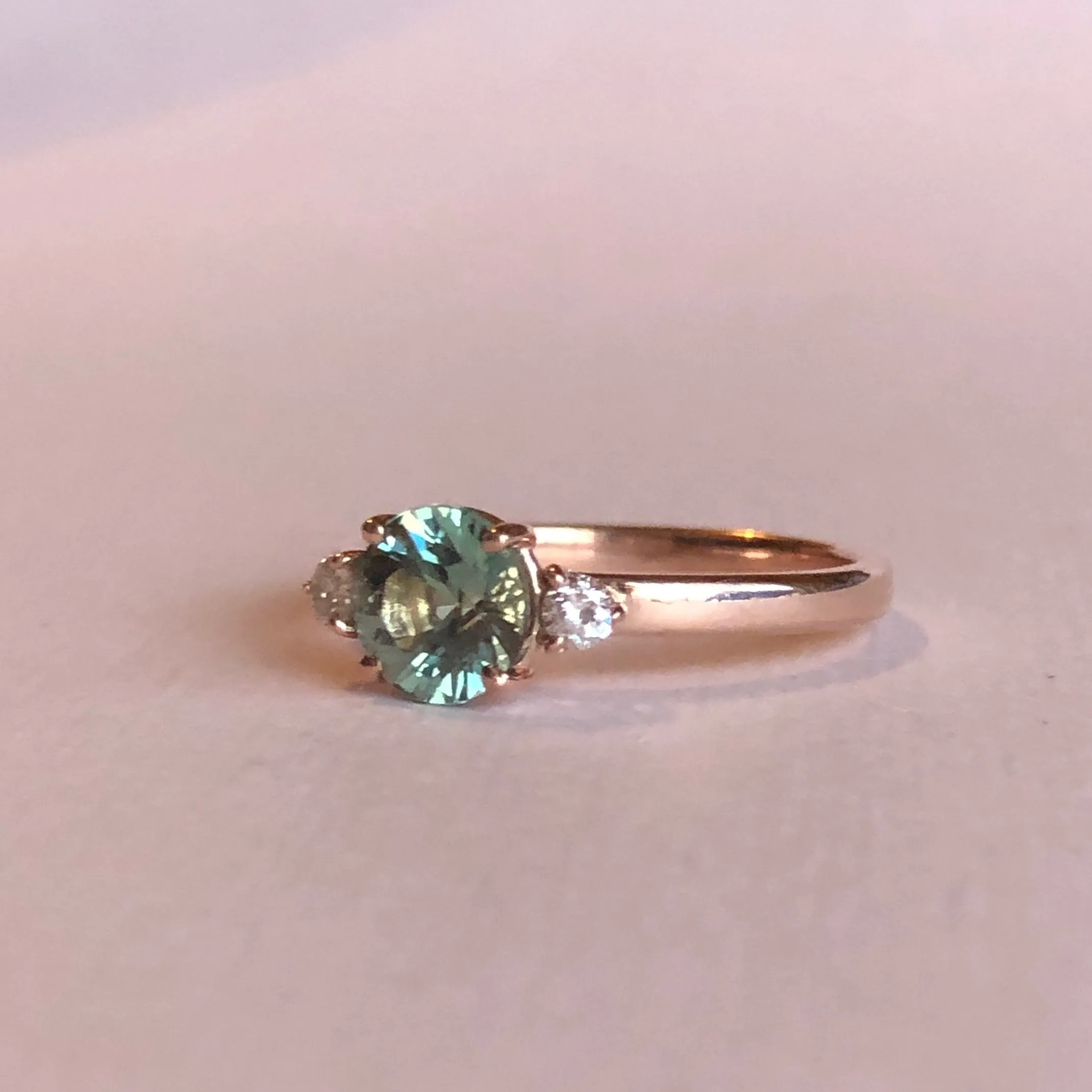 Green Sapphire and Diamond Ring - Three Stone Ring - Round Green Sapphire Ring -