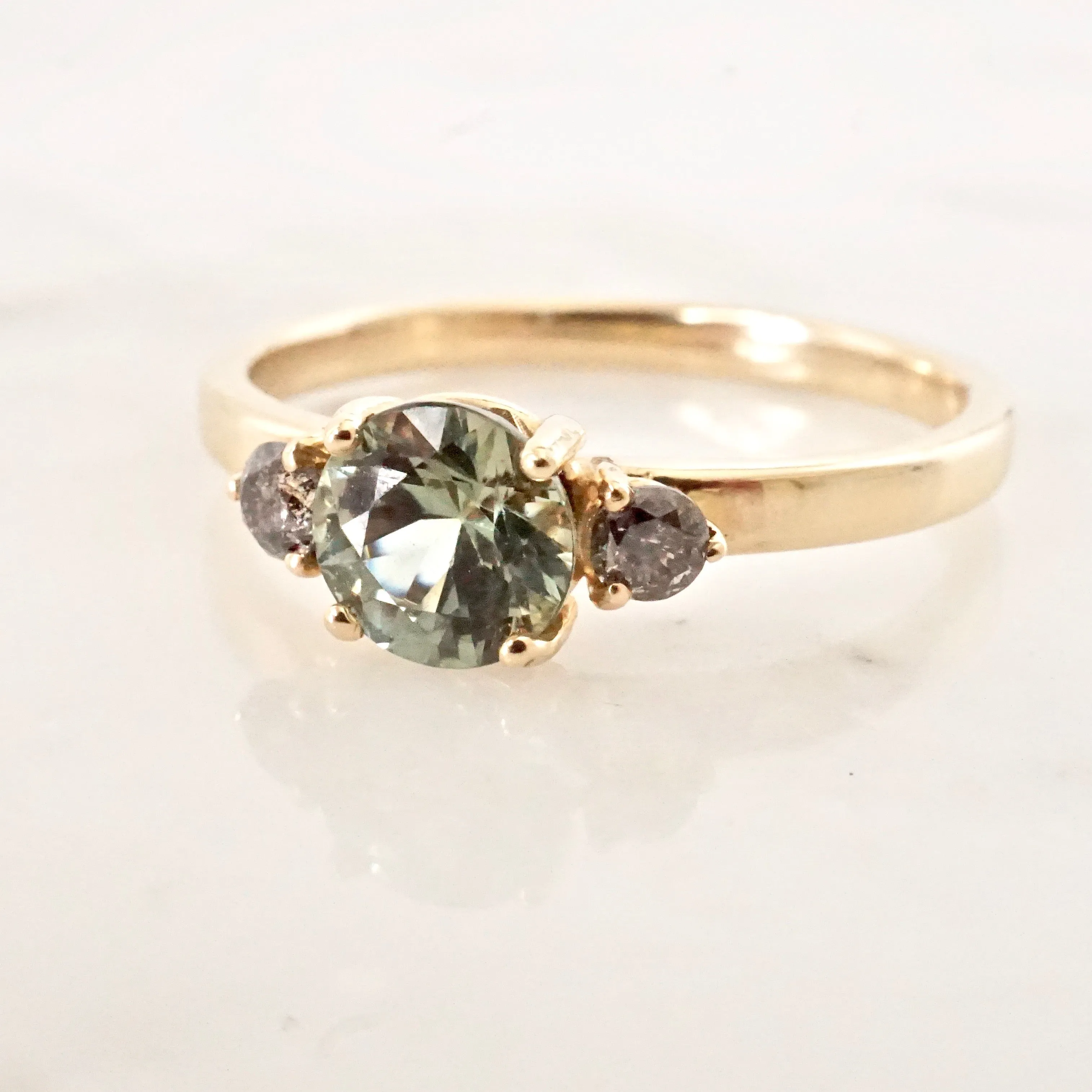 Green Sapphire and Diamond Ring - Three Stone Ring - Round Green Sapphire Ring -