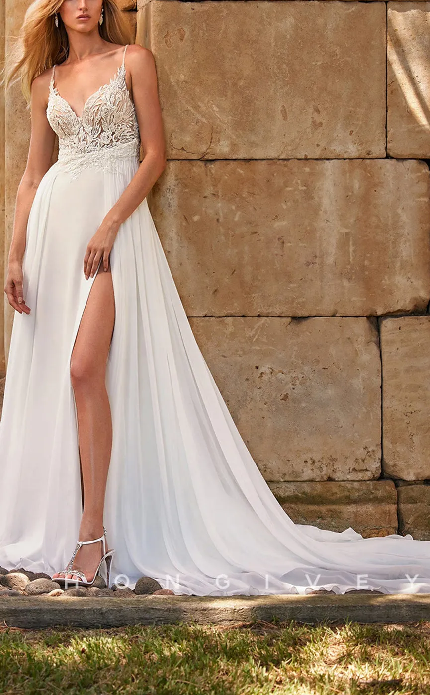 H0903 - Beaded Floral Lace Embroidered Illusion With Train And Slit Long Wedding Dress