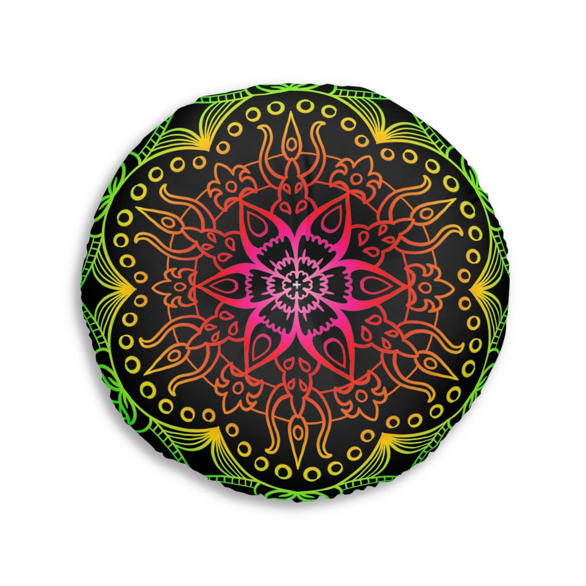 Hand Drawn Mandala Art Round Tufted Floor Cushion - Flower colors on Black background