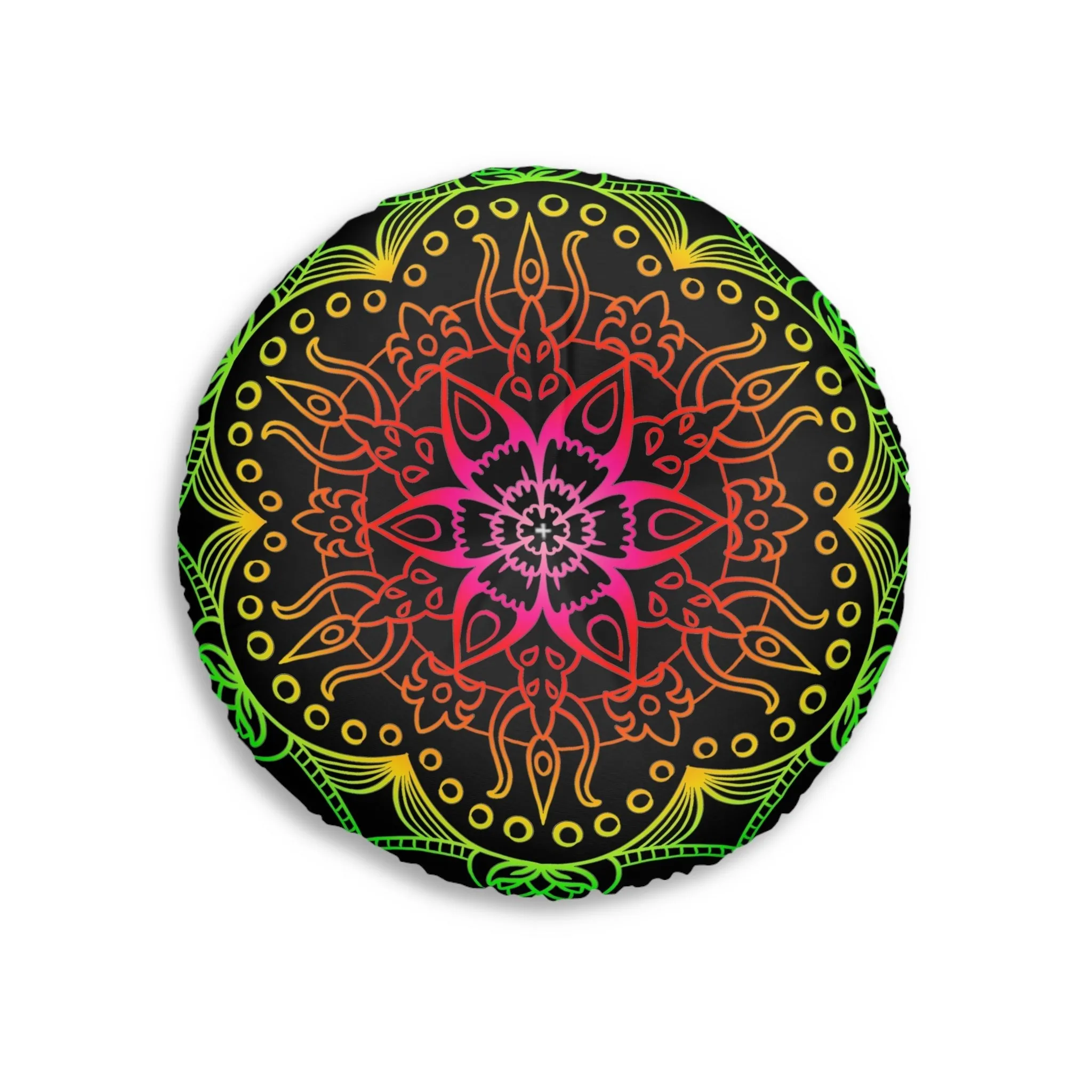 Hand Drawn Mandala Art Round Tufted Floor Cushion - Flower colors on Black background