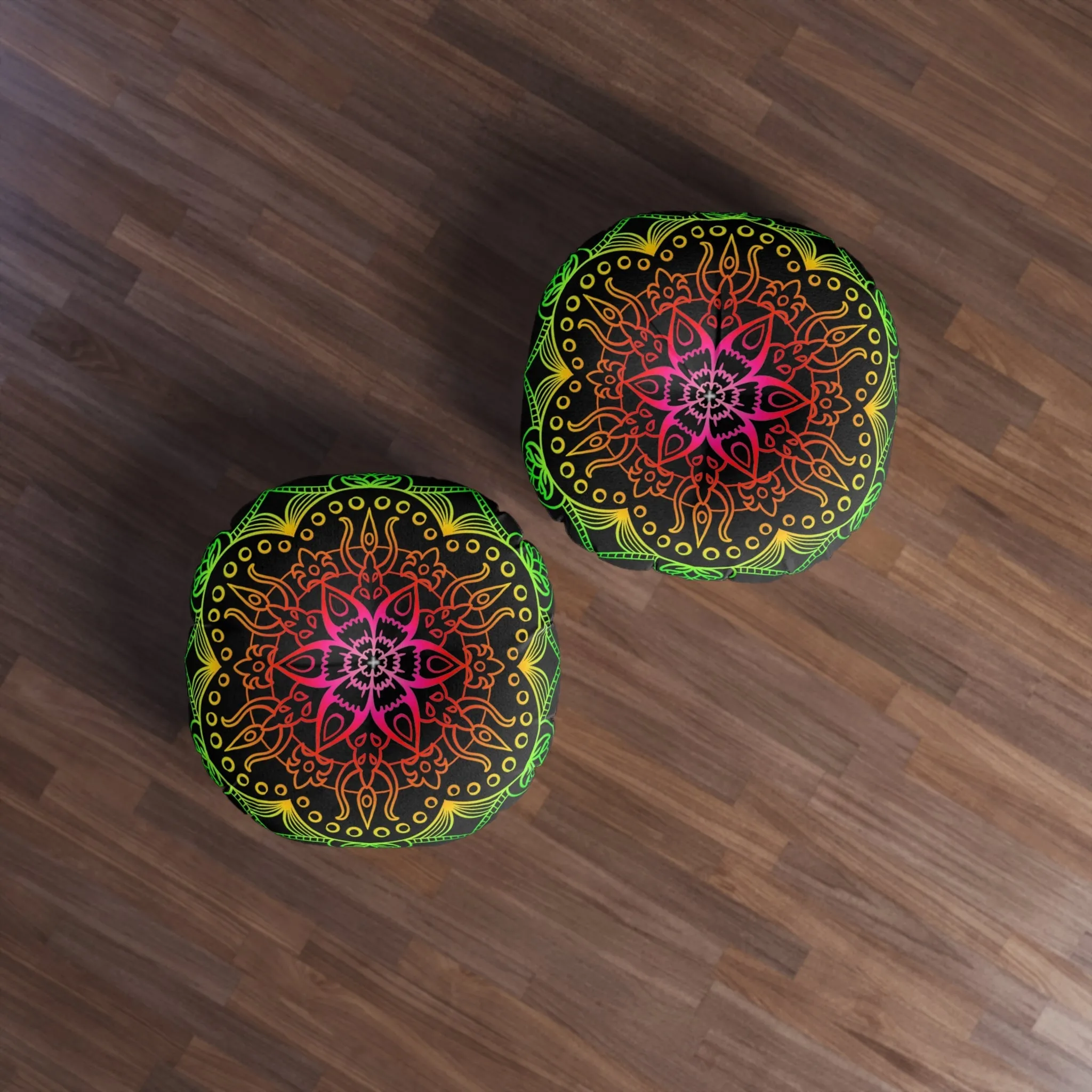 Hand Drawn Mandala Art Round Tufted Floor Cushion - Flower colors on Black background