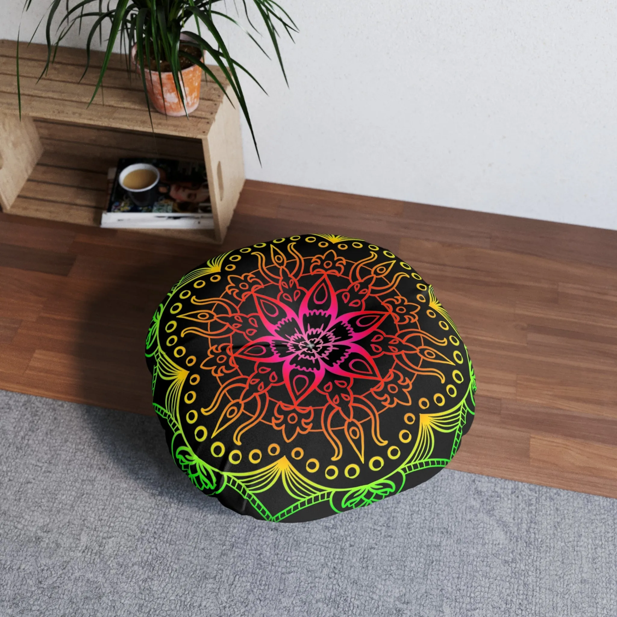 Hand Drawn Mandala Art Round Tufted Floor Cushion - Flower colors on Black background