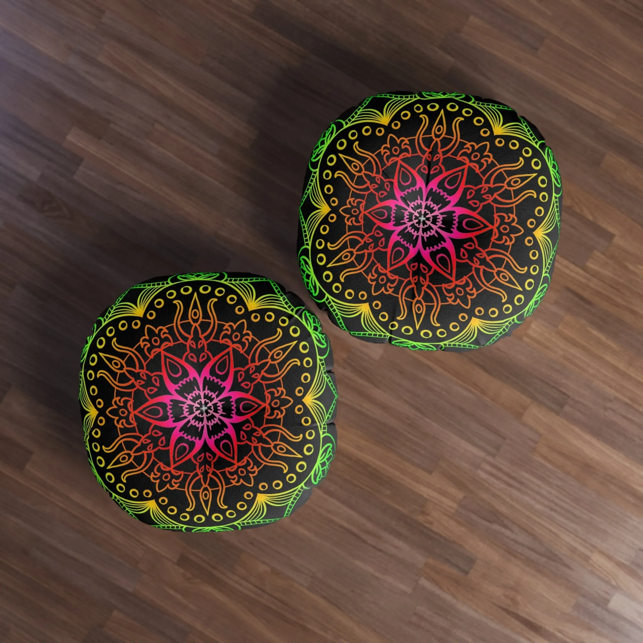 Hand Drawn Mandala Art Round Tufted Floor Cushion - Flower colors on Black background