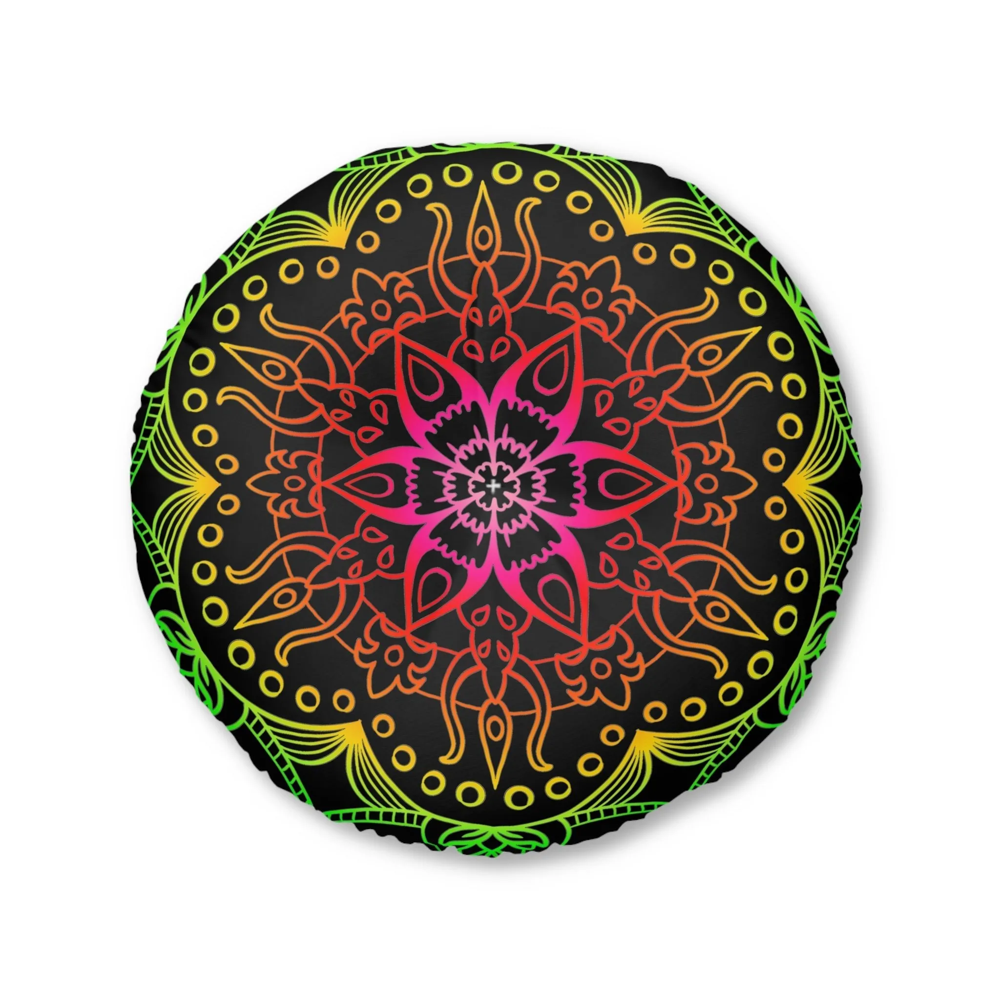 Hand Drawn Mandala Art Round Tufted Floor Cushion - Flower colors on Black background