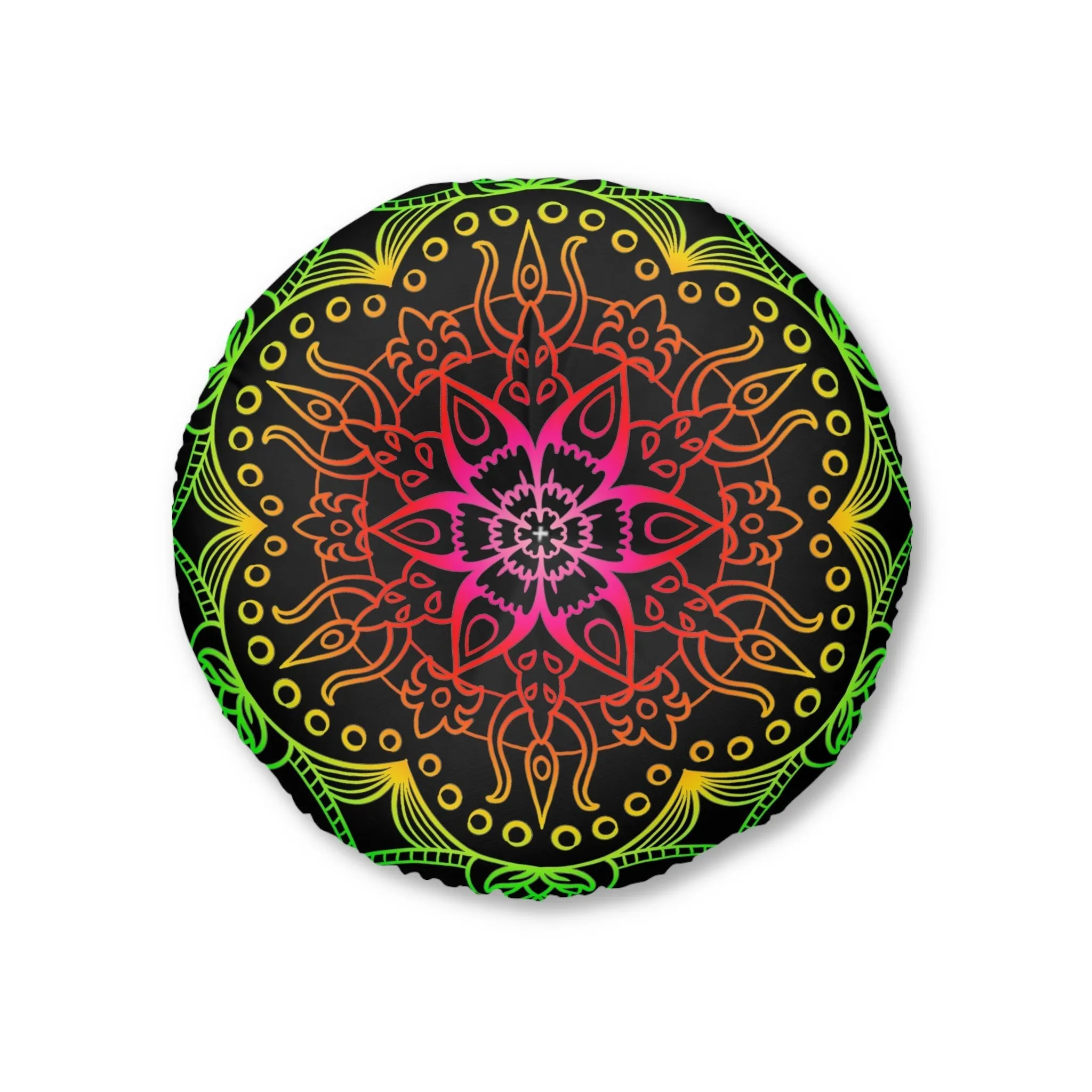 Hand Drawn Mandala Art Round Tufted Floor Cushion - Flower colors on Black background