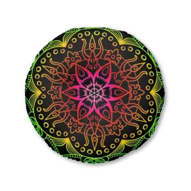 Hand Drawn Mandala Art Round Tufted Floor Cushion - Flower colors on Black background