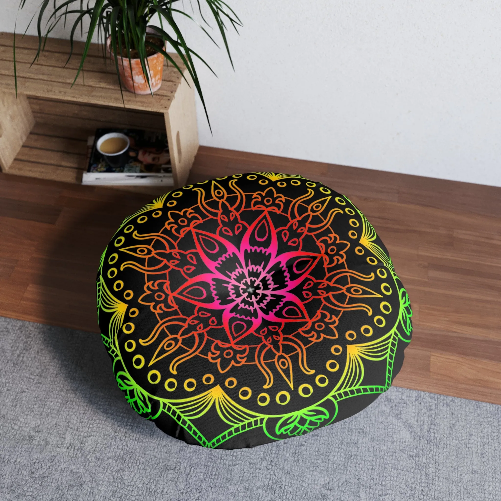 Hand Drawn Mandala Art Round Tufted Floor Cushion - Flower colors on Black background