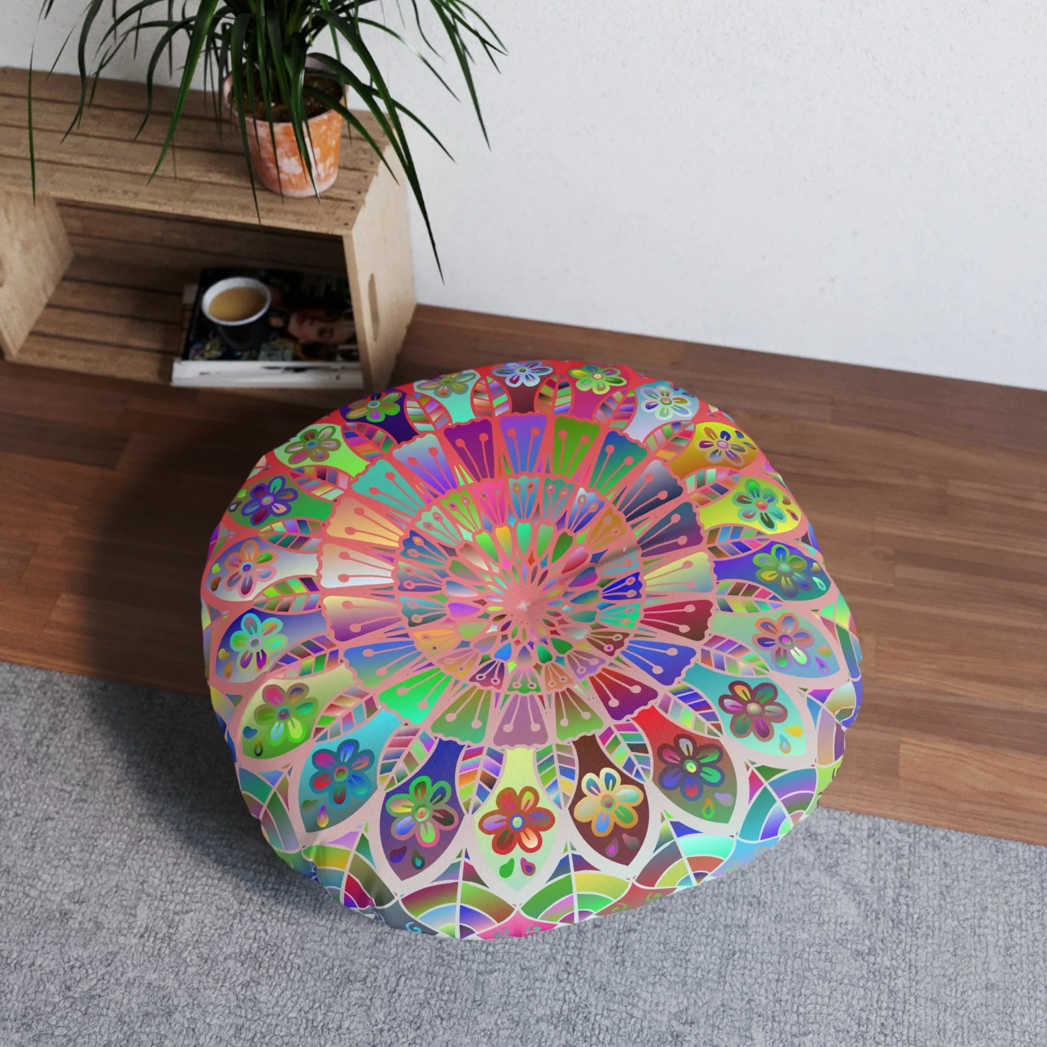 Hand Drawn Mandala Floor Cushion - Colorful Art on Light Blue - Tufted