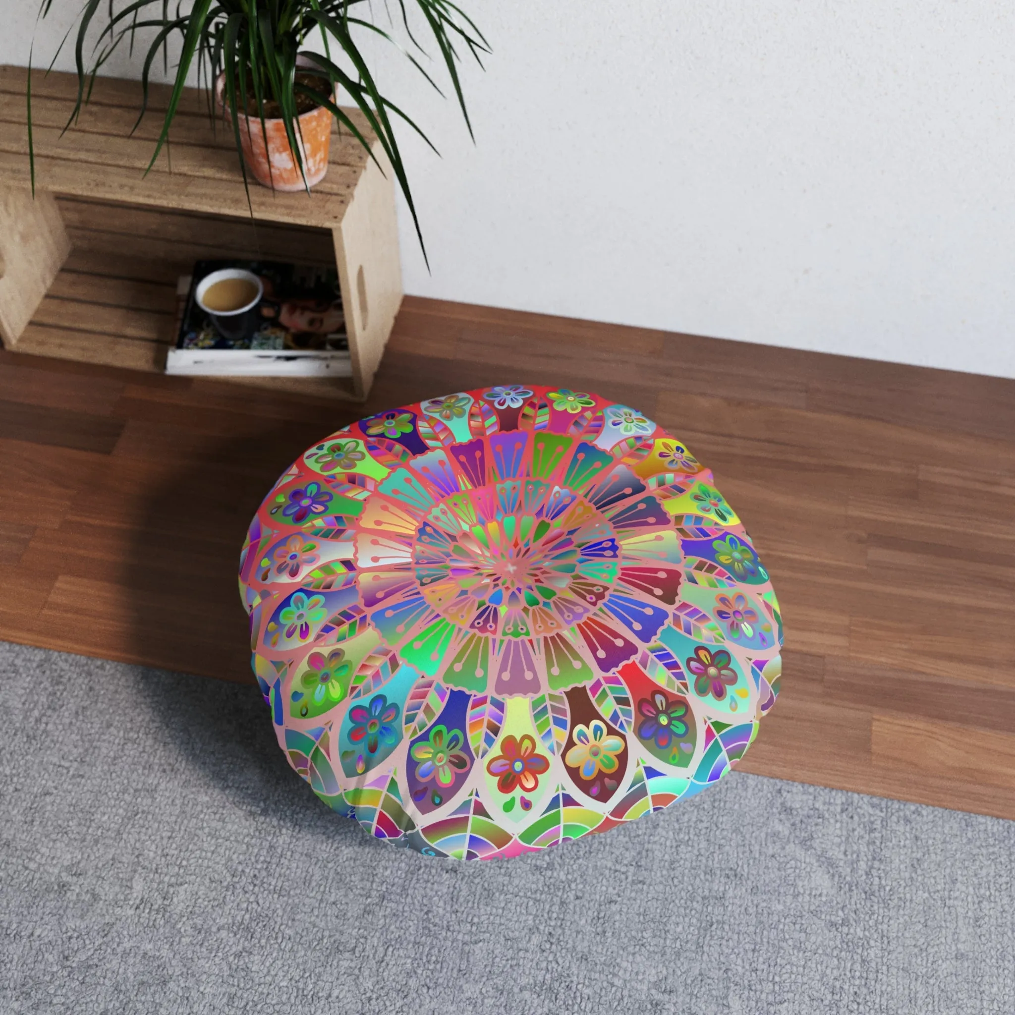 Hand Drawn Mandala Floor Cushion - Colorful Art on Light Blue - Tufted