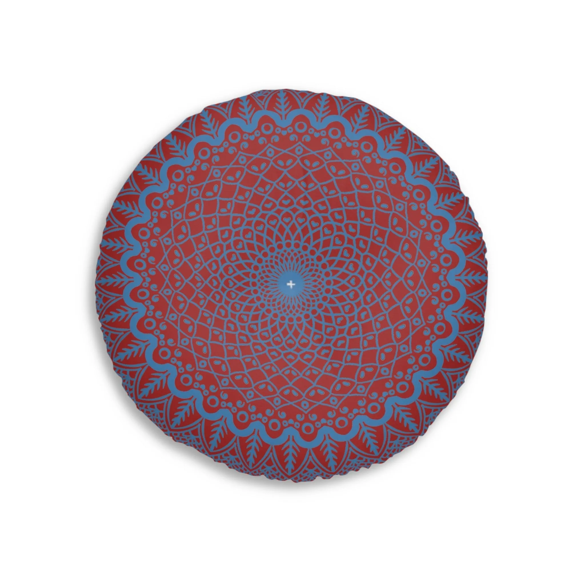 Handmade Mandala Art Floor Cushion - Steel Blue on Brown - Round