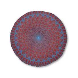 Handmade Mandala Art Floor Cushion - Steel Blue on Brown - Round