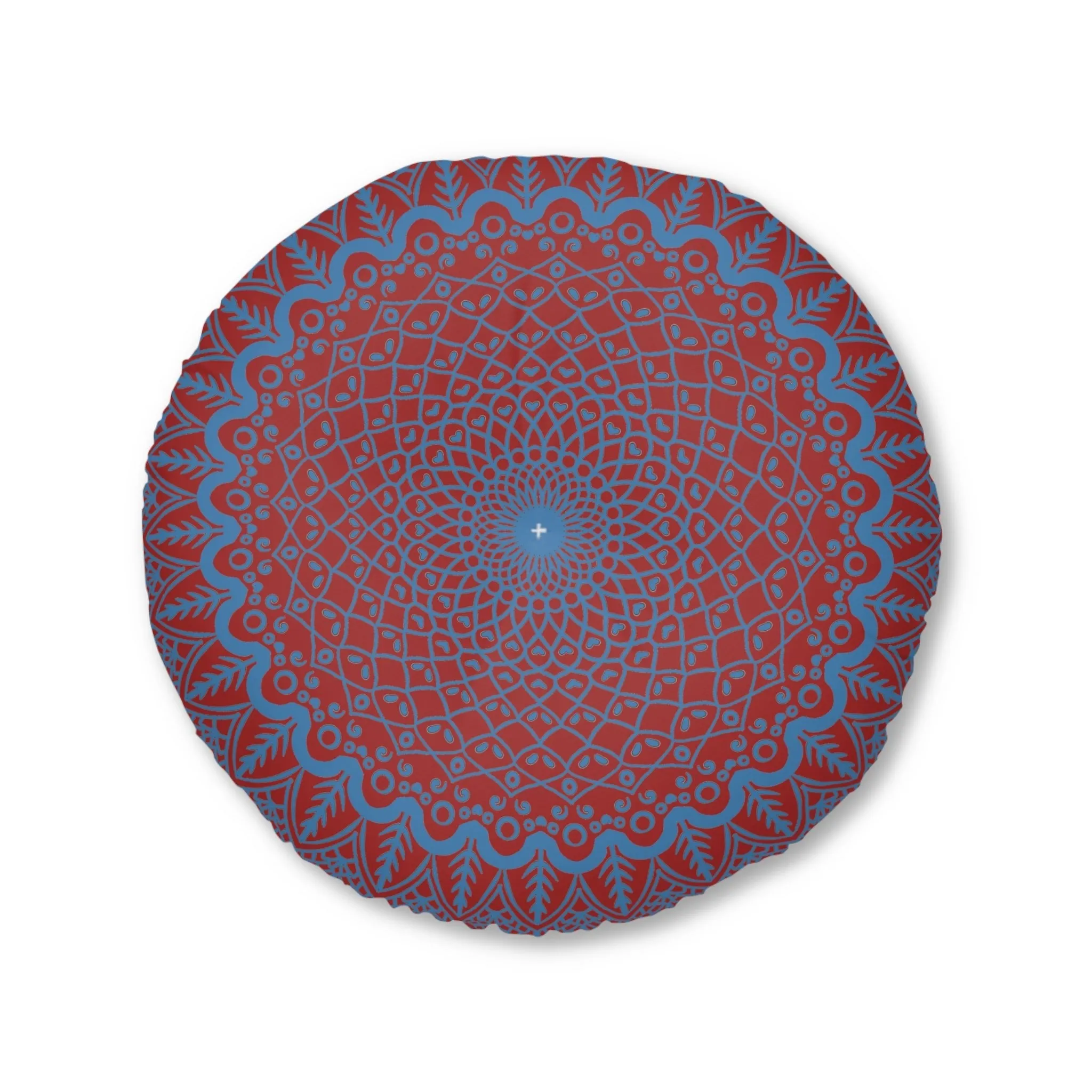 Handmade Mandala Art Floor Cushion - Steel Blue on Brown - Round