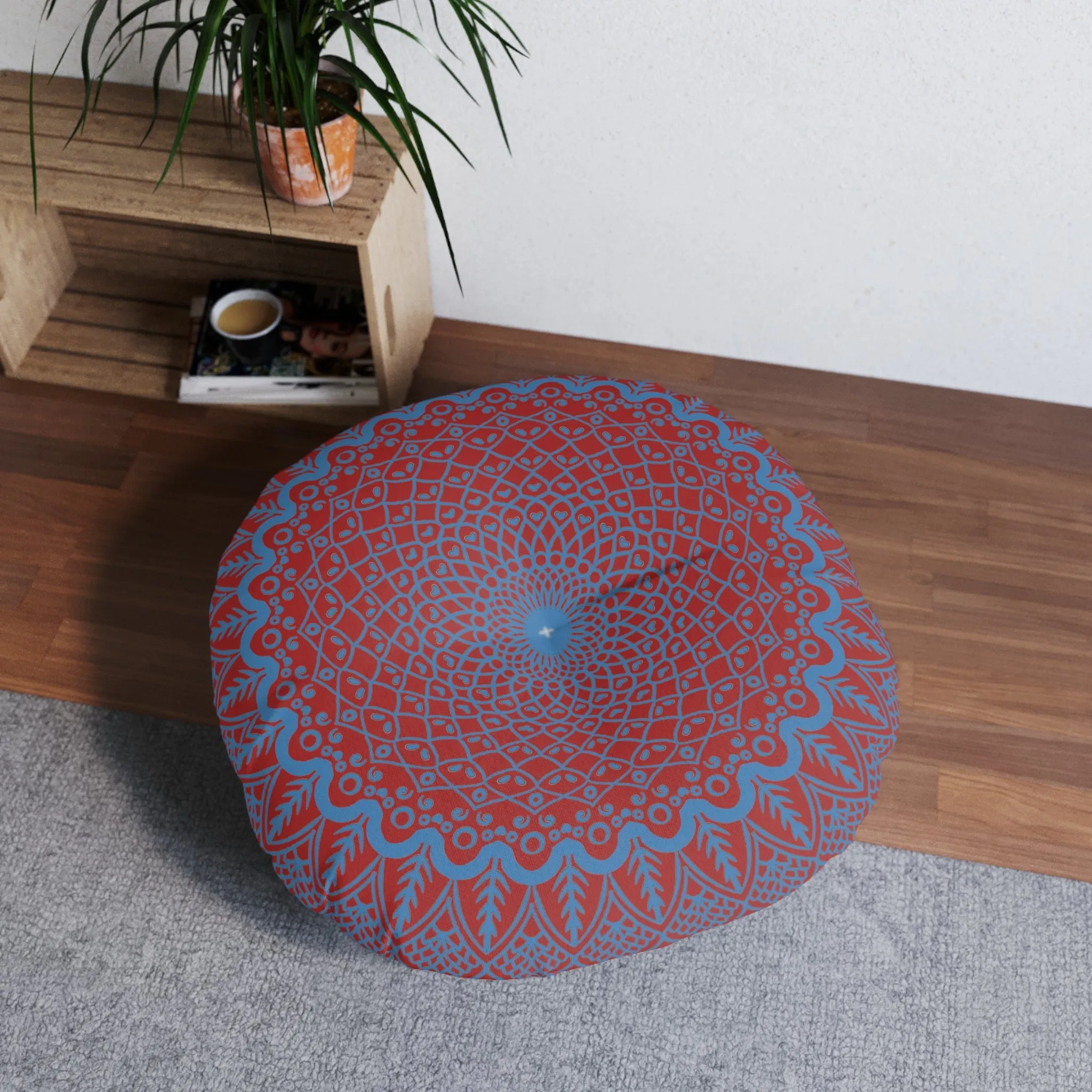 Handmade Mandala Art Floor Cushion - Steel Blue on Brown - Round