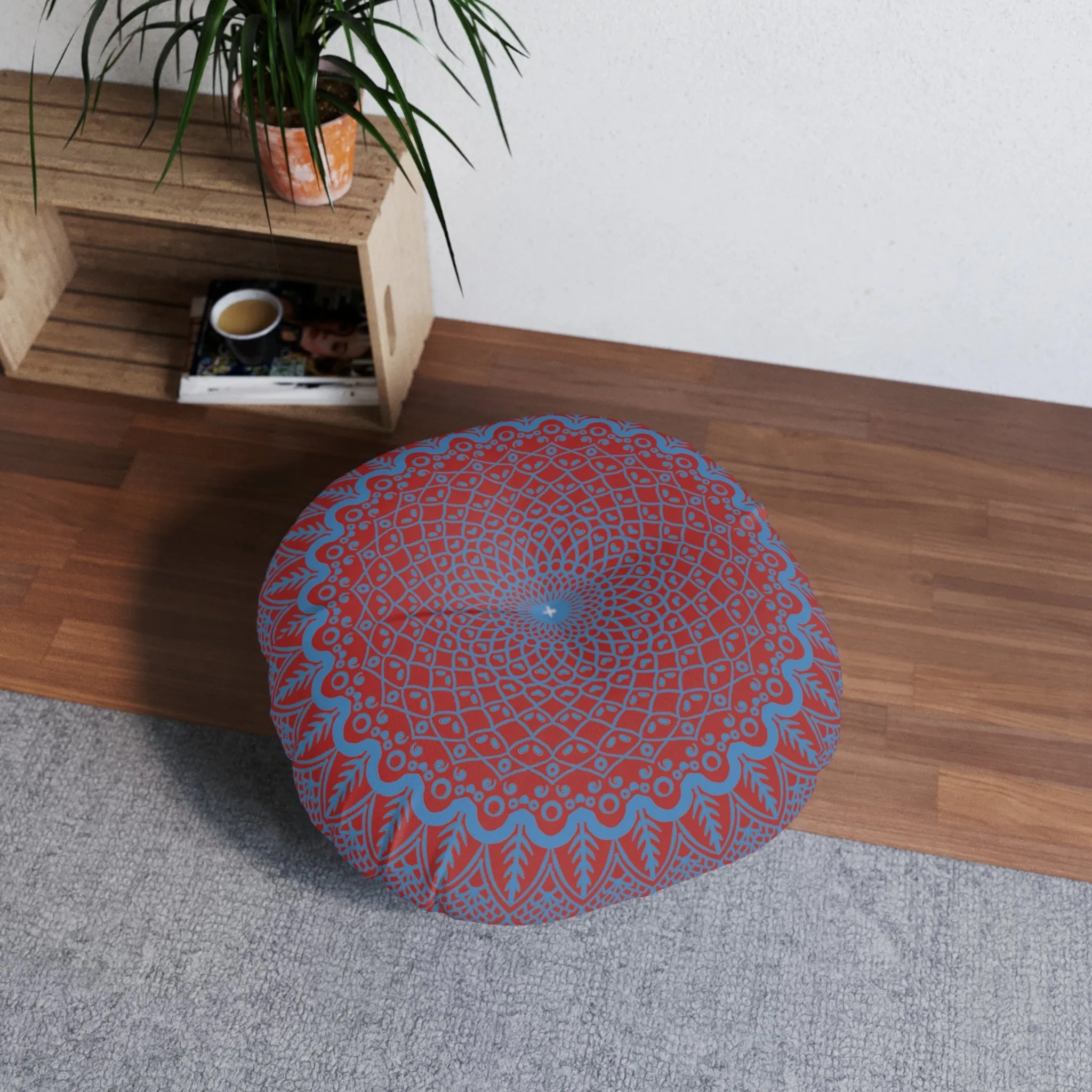 Handmade Mandala Art Floor Cushion - Steel Blue on Brown - Round