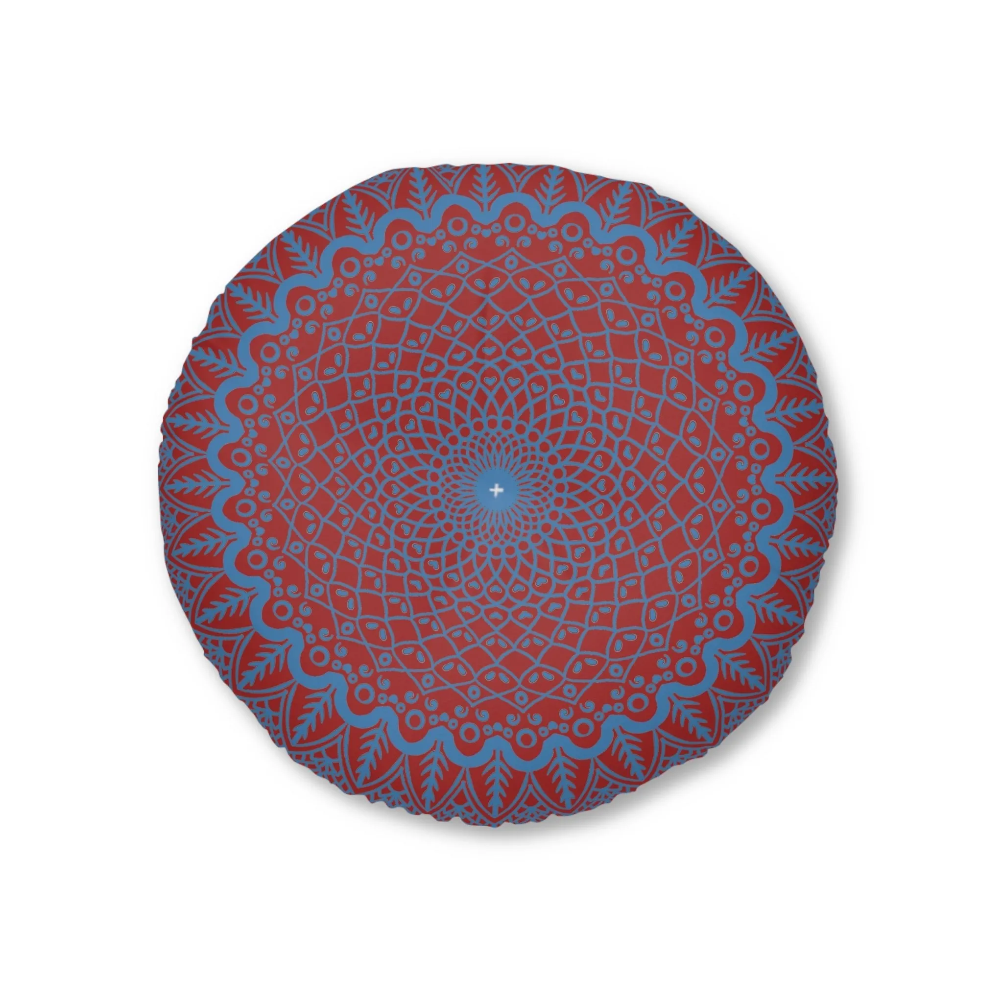 Handmade Mandala Art Floor Cushion - Steel Blue on Brown - Round