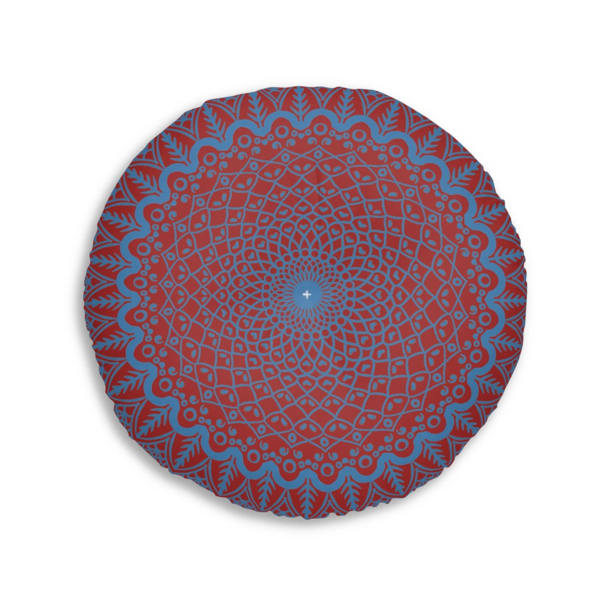 Handmade Mandala Art Floor Cushion - Steel Blue on Brown - Round