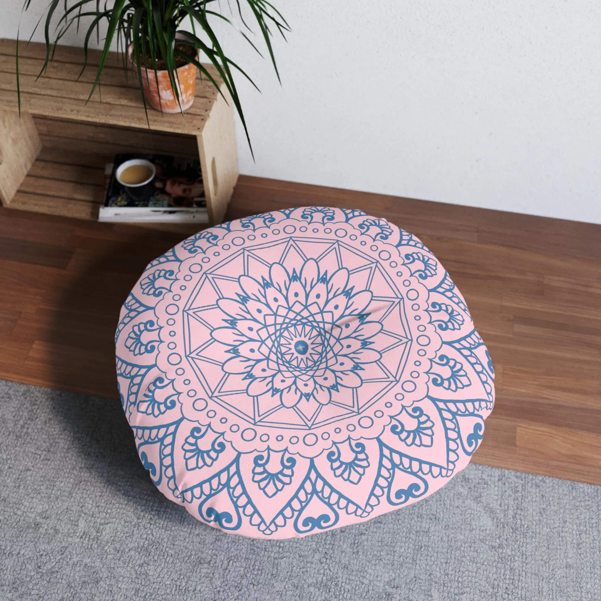 Handmade Mandala Art Floor Cushion - Steel Blue on Pastel Pink - Round