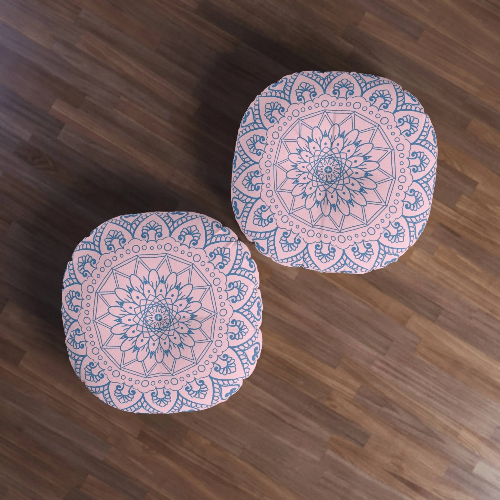 Handmade Mandala Art Floor Cushion - Steel Blue on Pastel Pink - Round