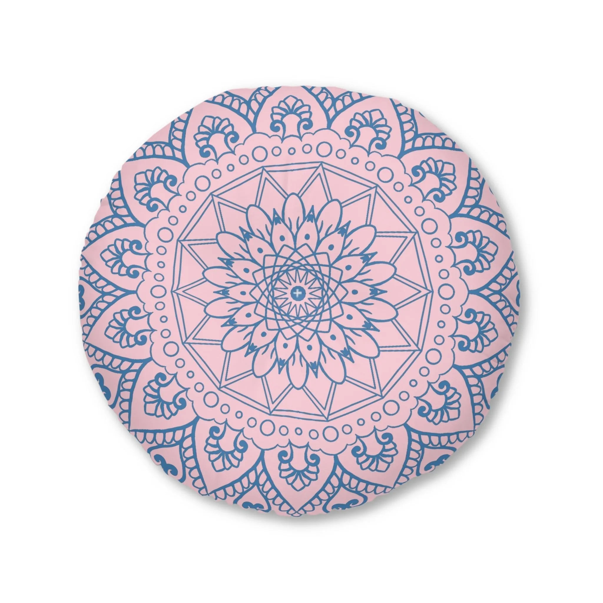 Handmade Mandala Art Floor Cushion - Steel Blue on Pastel Pink - Round