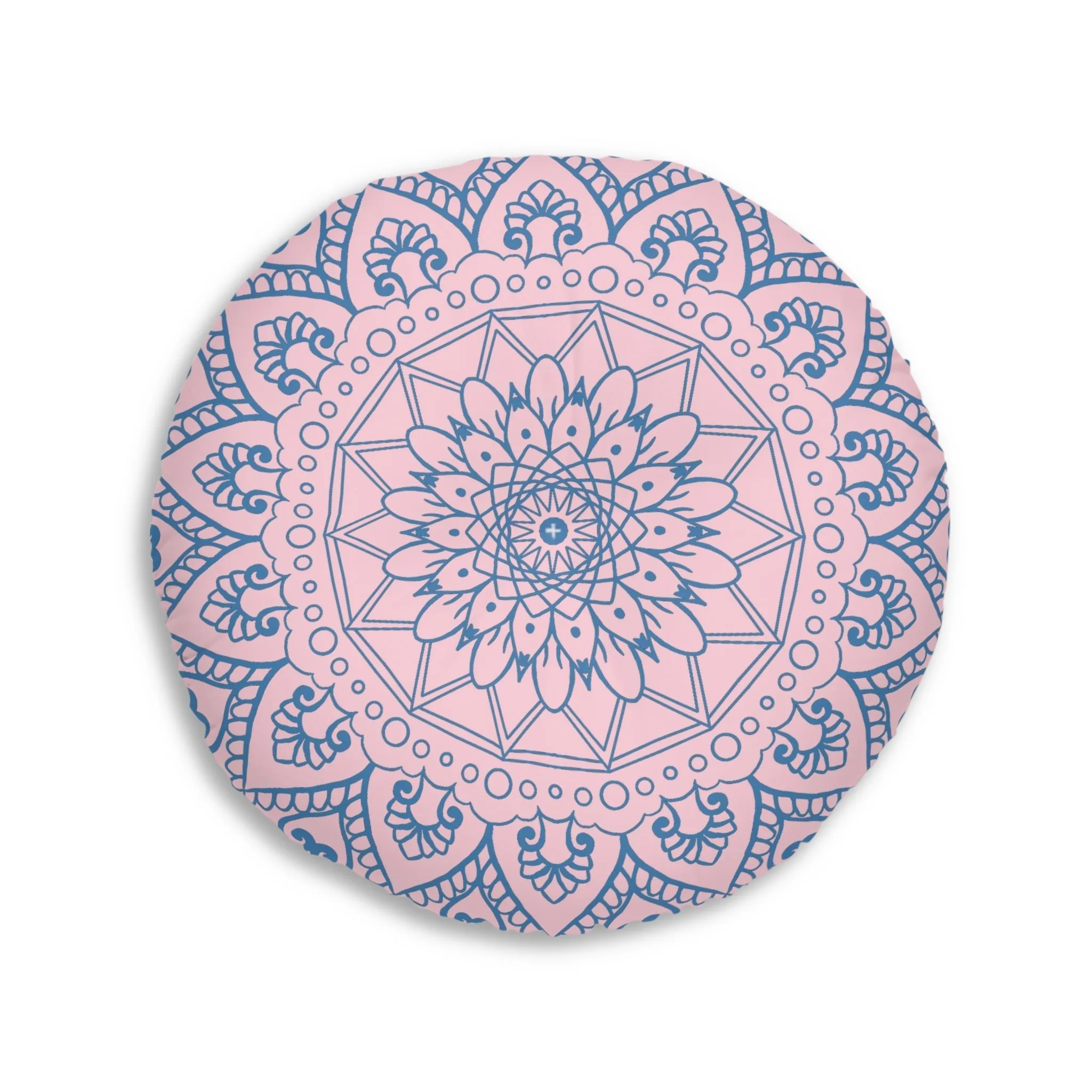 Handmade Mandala Art Floor Cushion - Steel Blue on Pastel Pink - Round