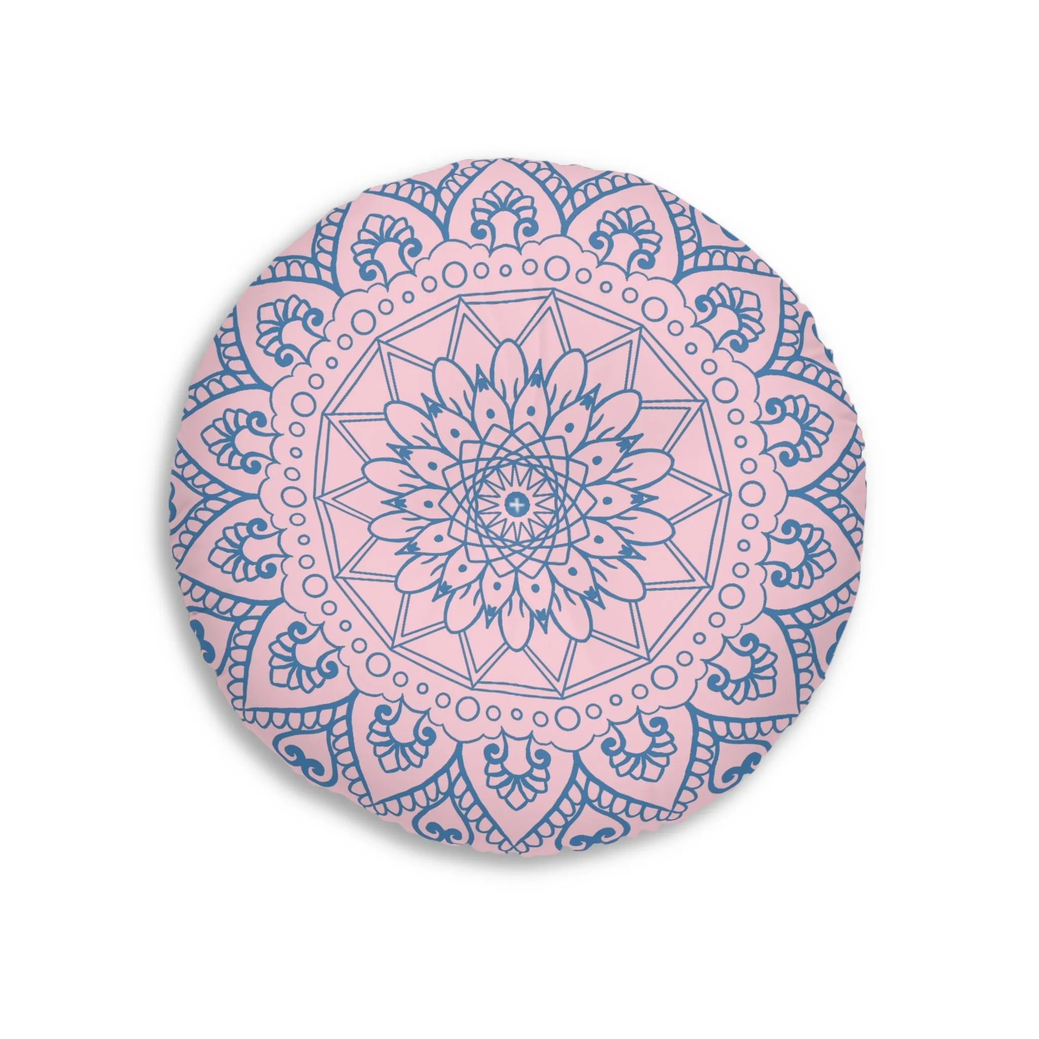 Handmade Mandala Art Floor Cushion - Steel Blue on Pastel Pink - Round