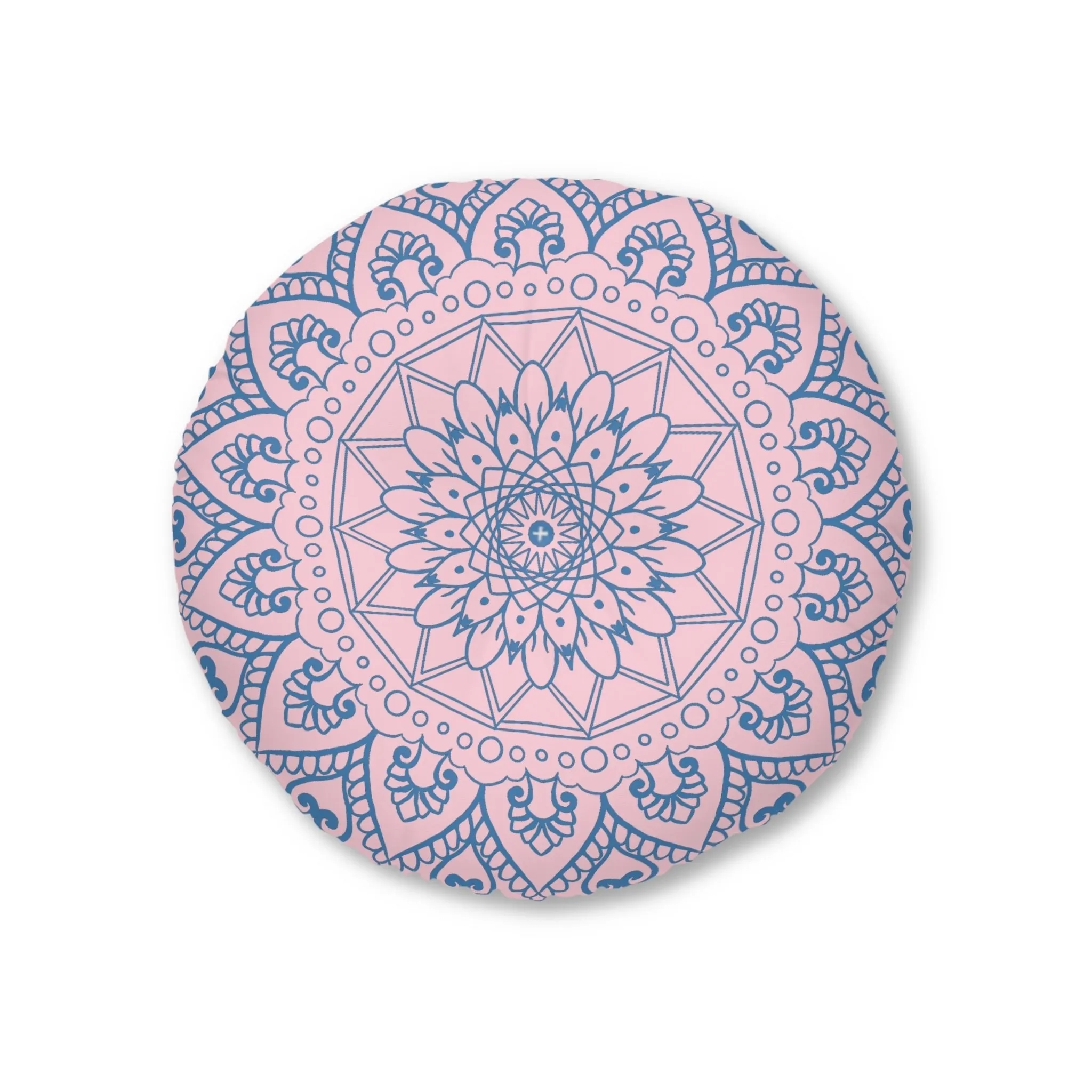 Handmade Mandala Art Floor Cushion - Steel Blue on Pastel Pink - Round