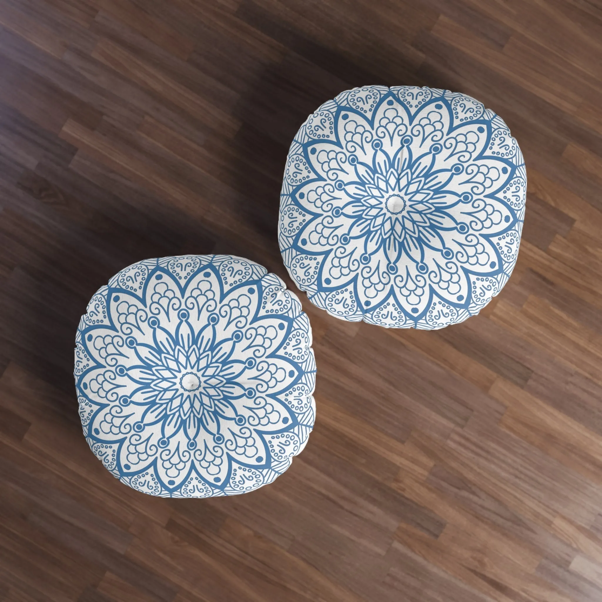 Handmade Mandala Art Floor Cushion - Steel Blue - Round