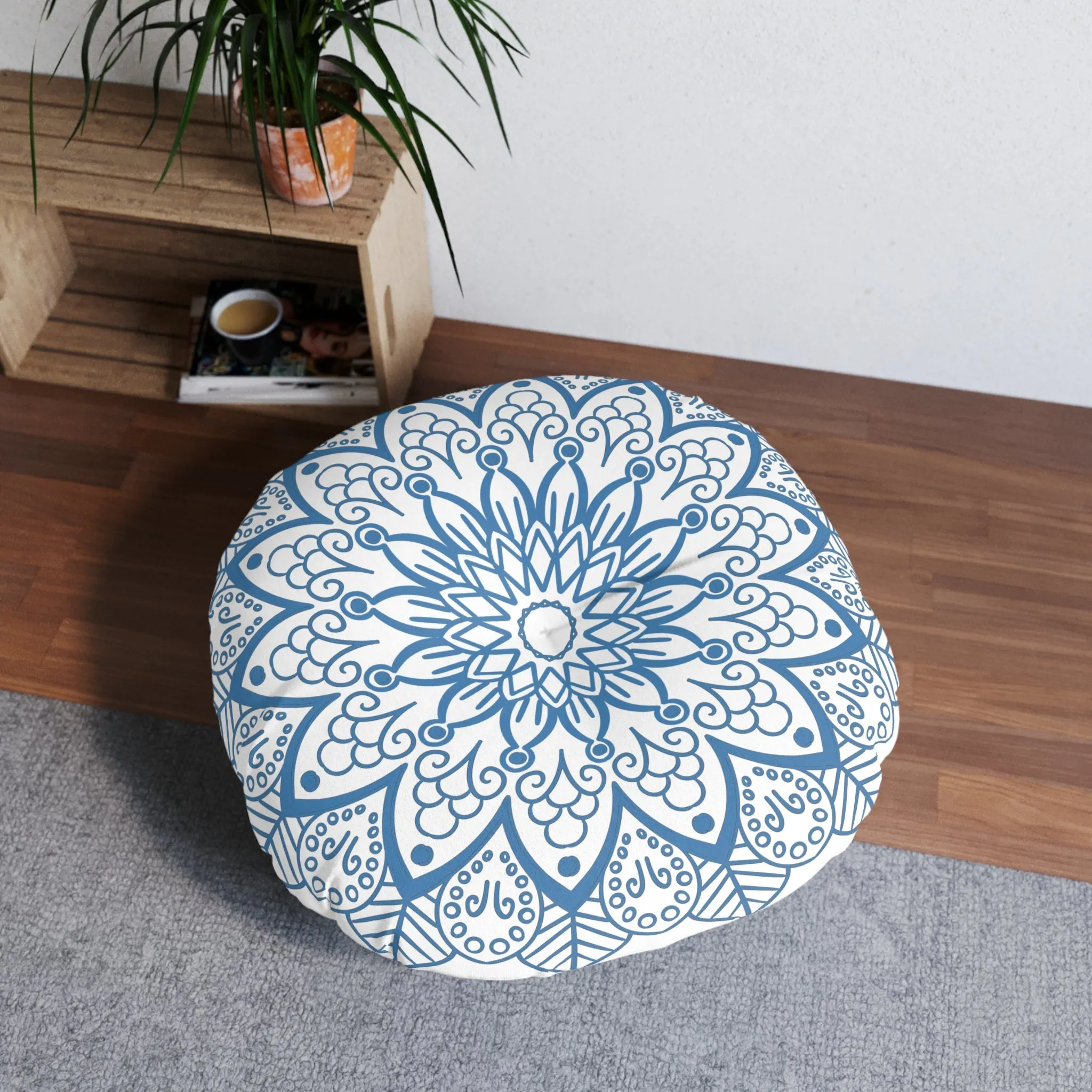 Handmade Mandala Art Floor Cushion - Steel Blue - Round