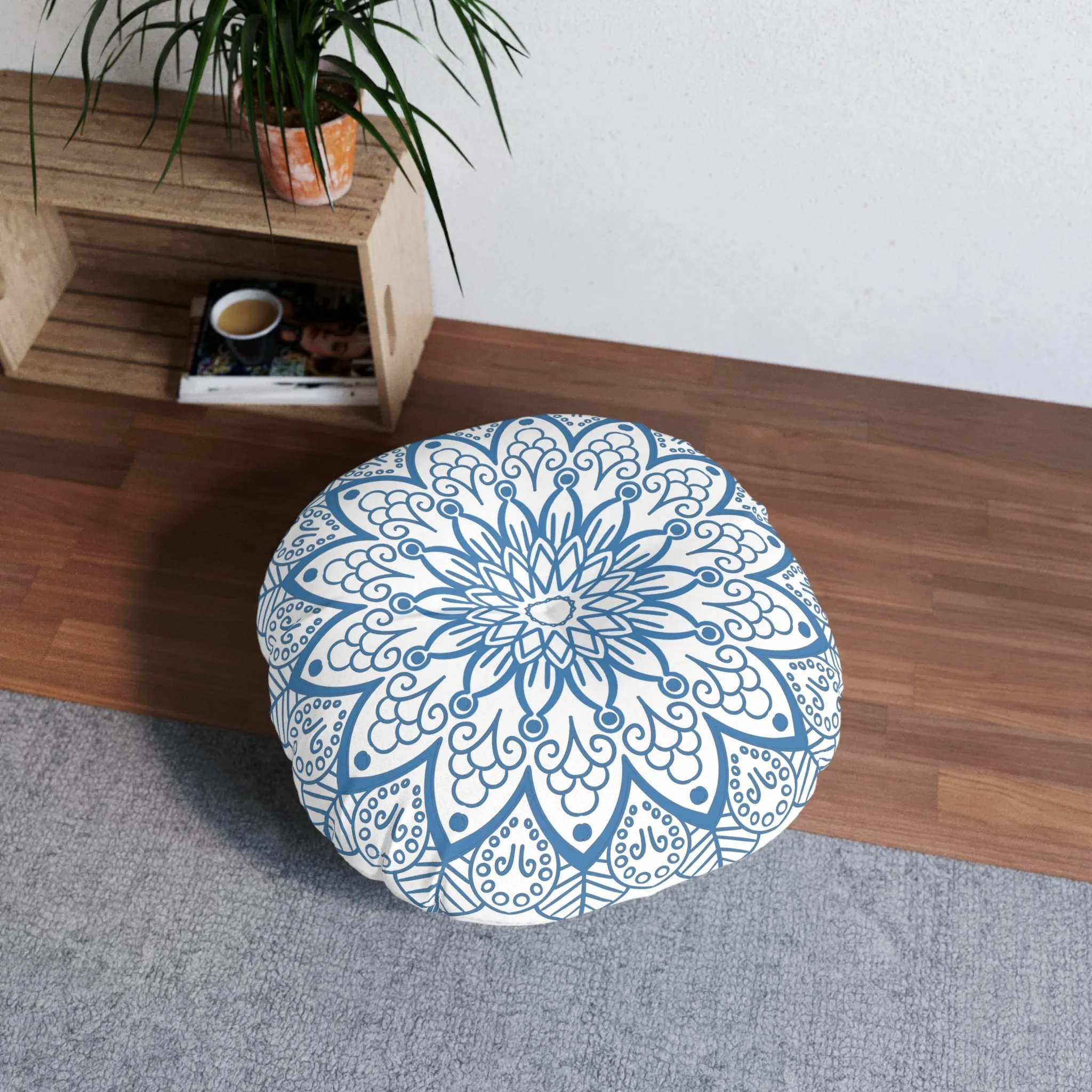 Handmade Mandala Art Floor Cushion - Steel Blue - Round