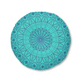 Handmade Mandala Art Tufted Floor Pillow - Steel Blue on Turquoise Background