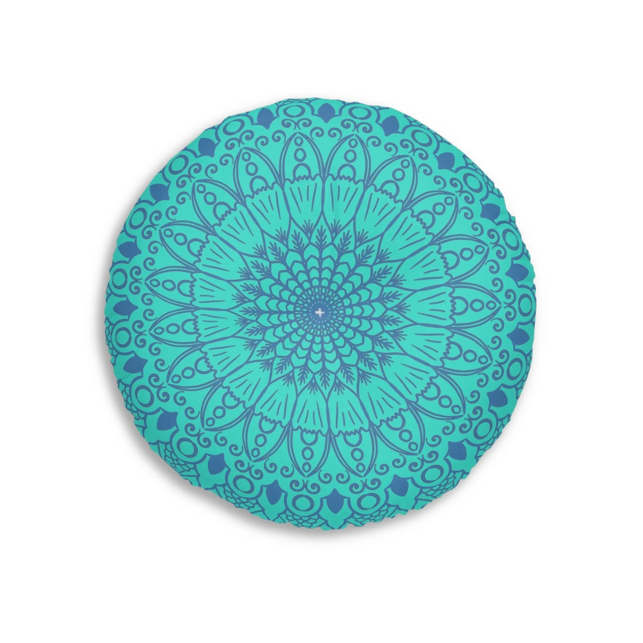 Handmade Mandala Art Tufted Floor Pillow - Steel Blue on Turquoise Background