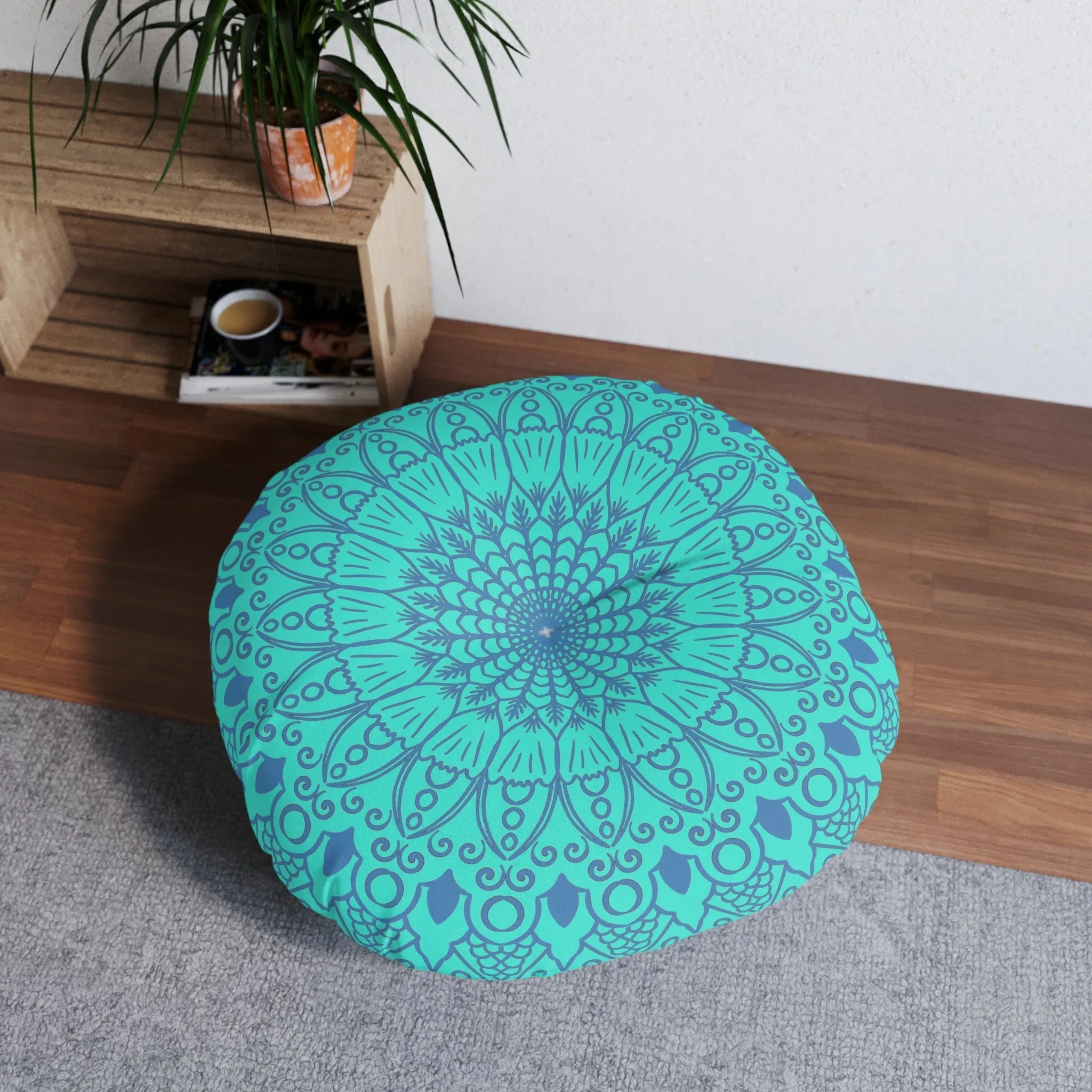 Handmade Mandala Art Tufted Floor Pillow - Steel Blue on Turquoise Background