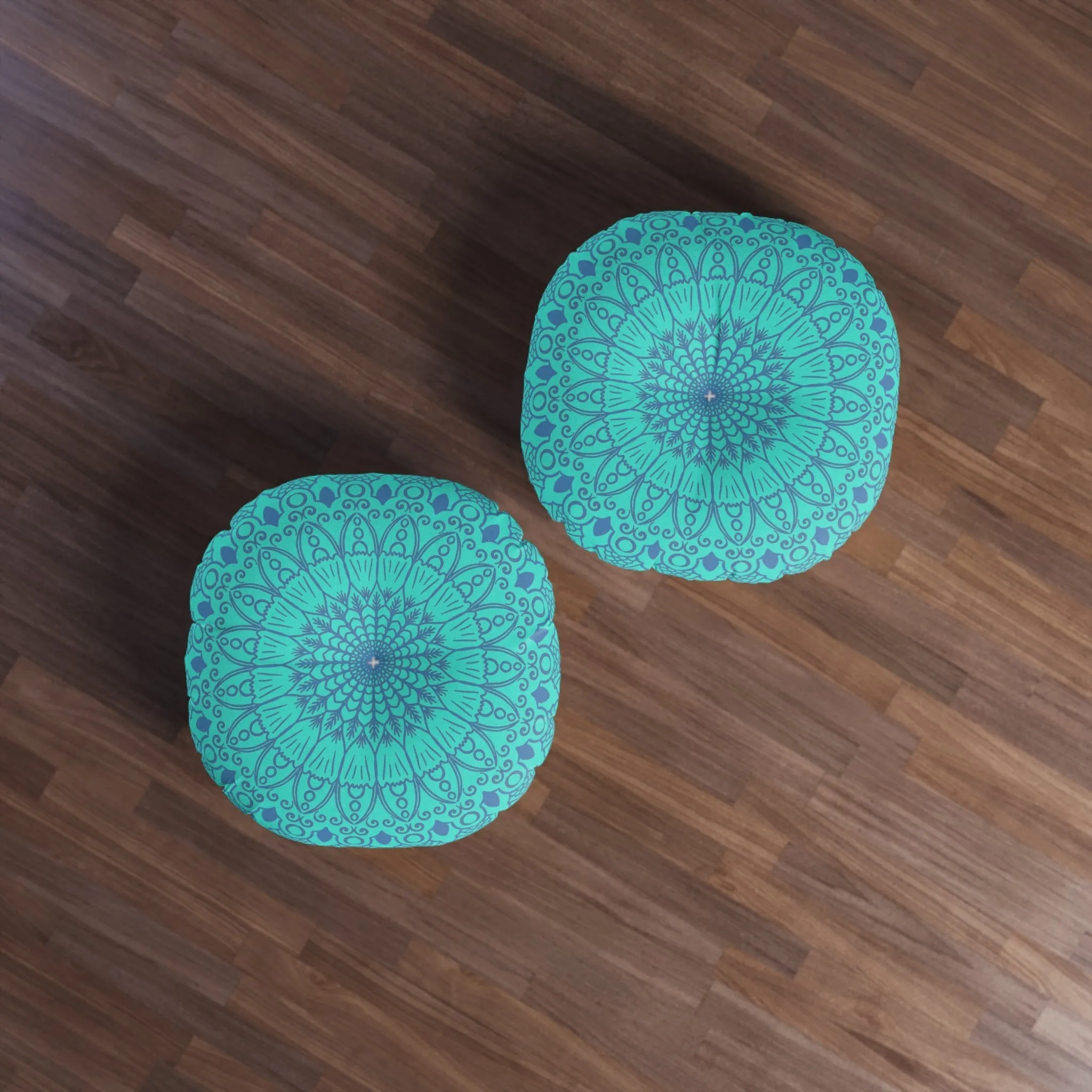 Handmade Mandala Art Tufted Floor Pillow - Steel Blue on Turquoise Background