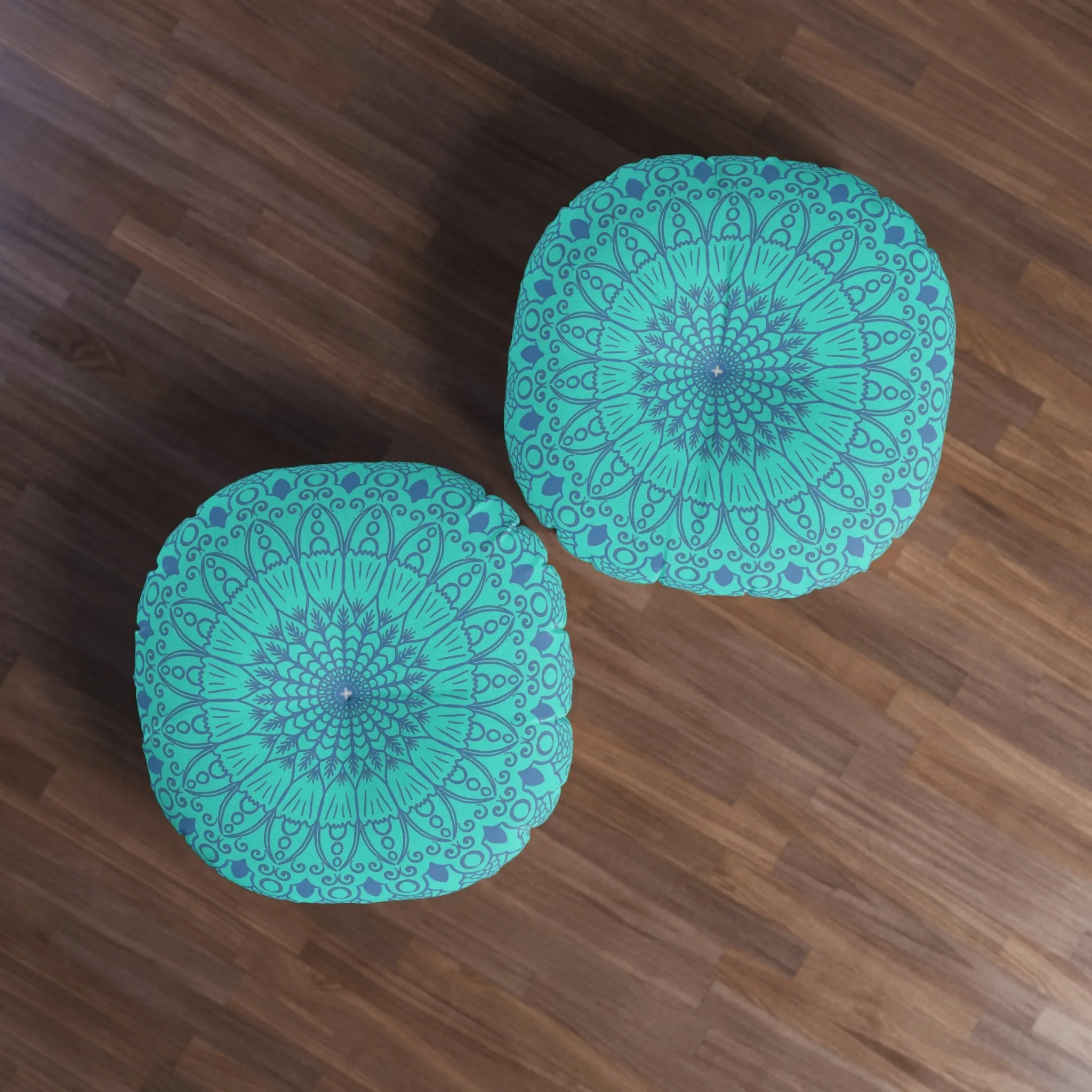 Handmade Mandala Art Tufted Floor Pillow - Steel Blue on Turquoise Background