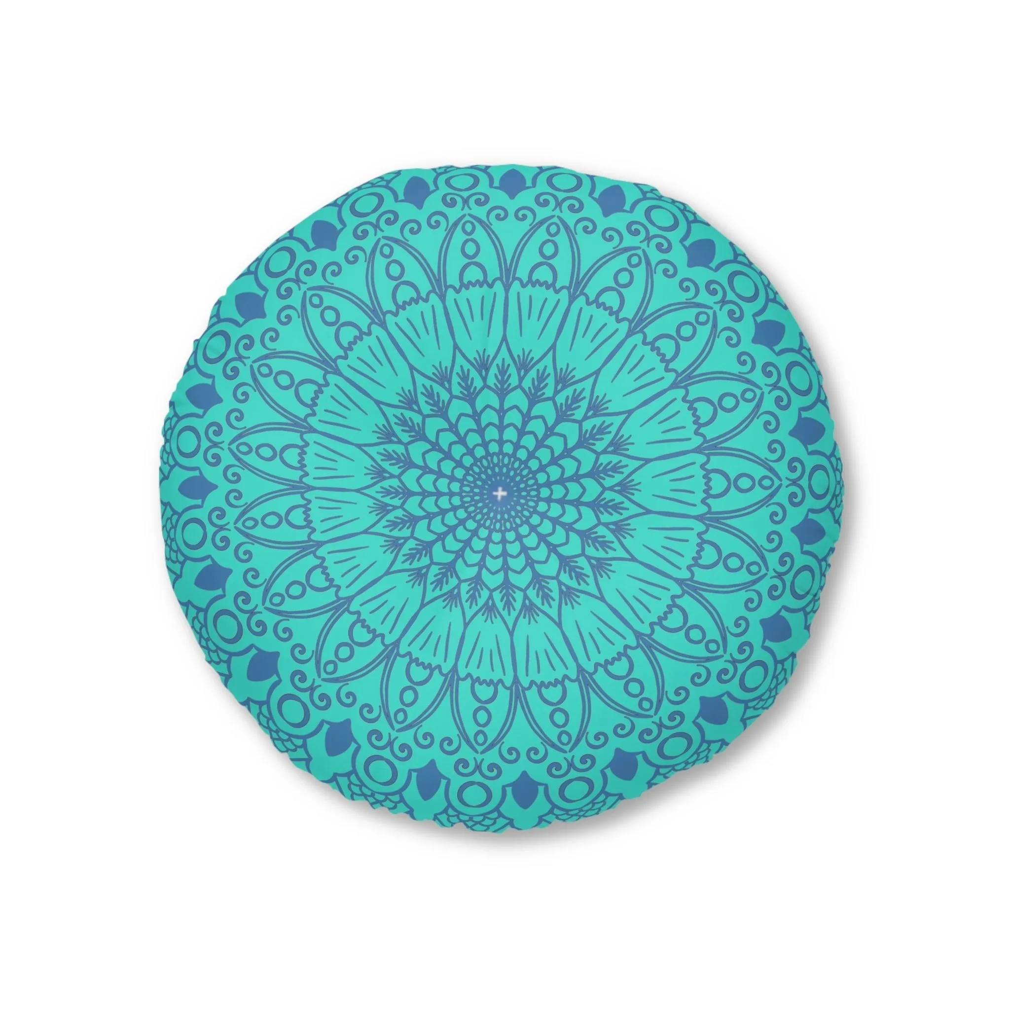 Handmade Mandala Art Tufted Floor Pillow - Steel Blue on Turquoise Background